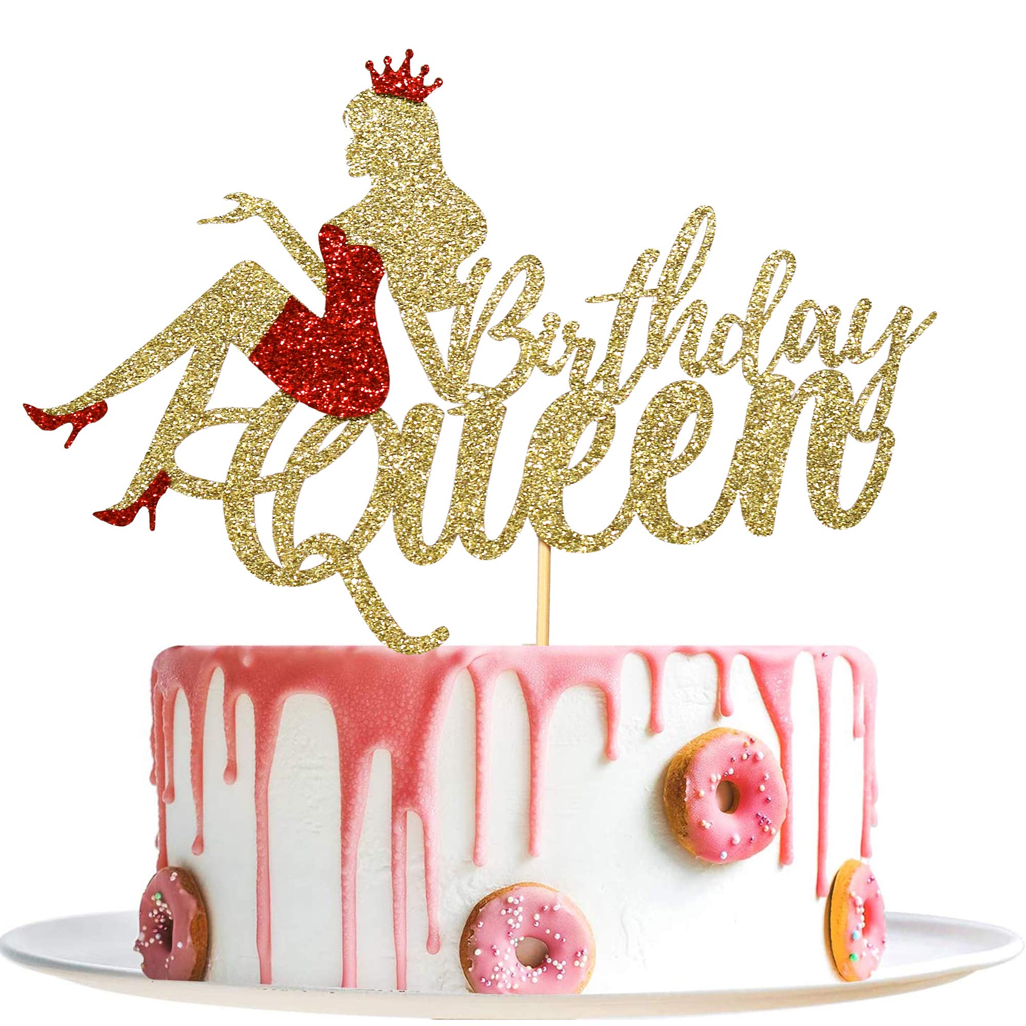 Golden Birthday Queen Cake Topper - Crown & High Heels Glitter Cake Decoration for Girls | Perfect for Birthday Parties, Bridal Showers & Special Celebrations