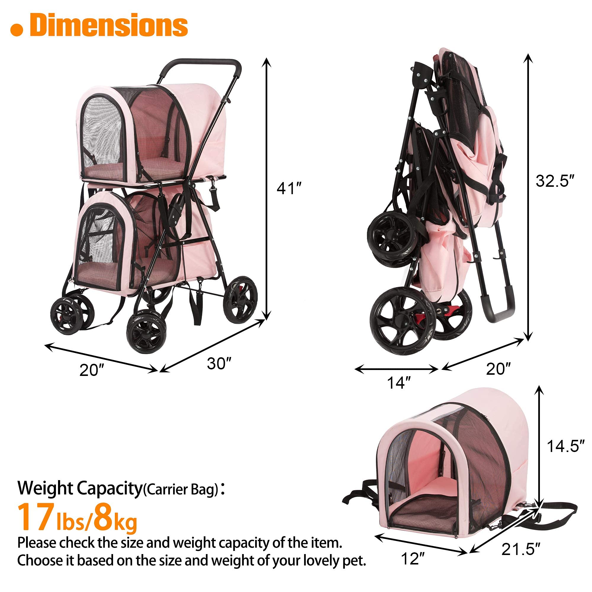 LUCKYERMORE Double Pet Stroller for Dogs & Cats - 4-Wheel Foldable Design with 2 Detachable Carrier Bags | Travel Carrier for Small & Medium Pets | Perfect for Park Walks, Vet Visits & Shopping Trips (Pink)