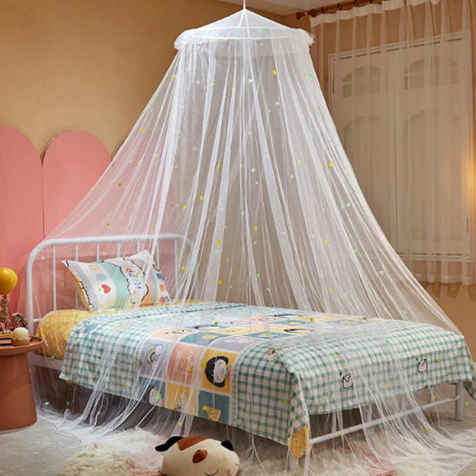 Glow in the Dark Mosquito Net for Bed Canopy with Fluorescent Stars - Kids Hanging Bed Dome Canopy for Nursery, Bedroom & Camping (White, Small)