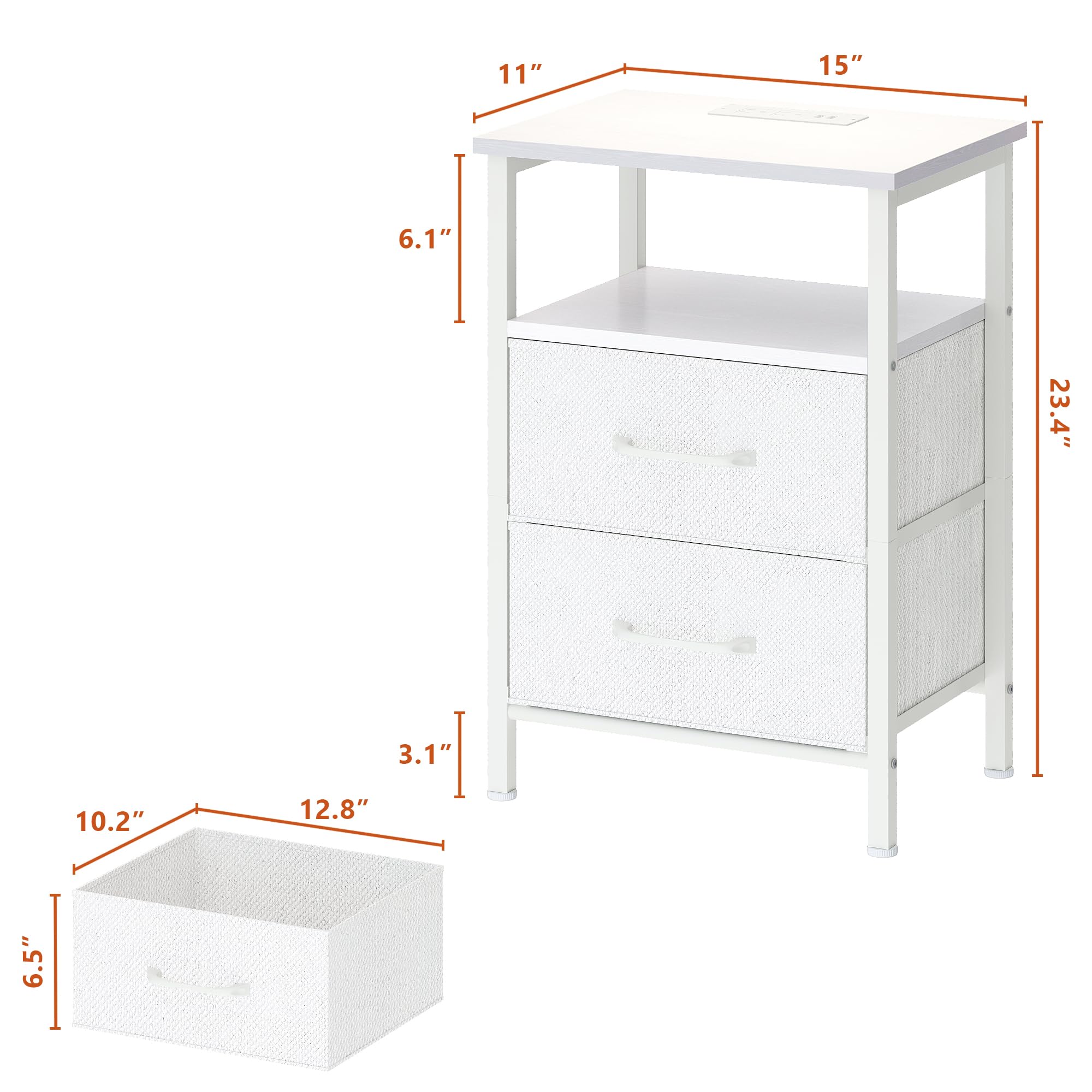 2-Piece Nightstand Set with USB Charging Station & LED Lights - Bedside Table with 2 Fabric Drawers & Open Shelf - White Small End Table for Bedroom - Perfect for Modern Bedrooms, Guest Rooms & Small Spaces
