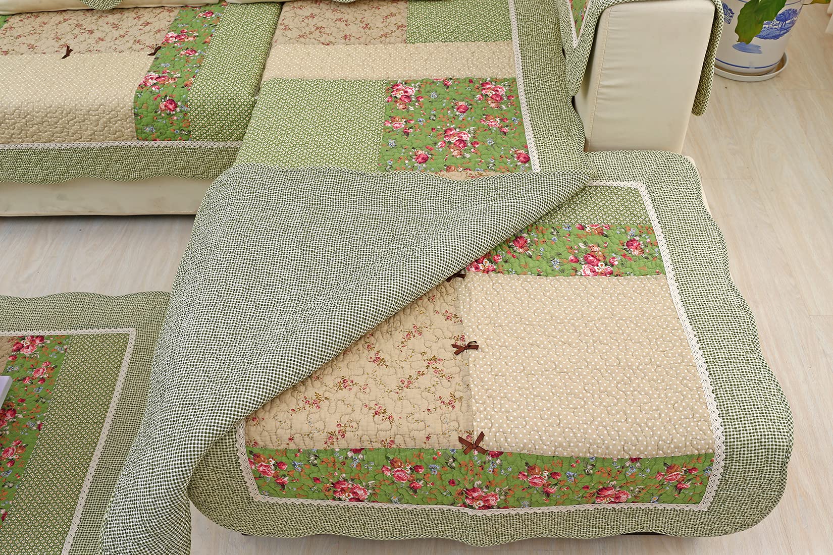 VCTOPS Bohemian Cotton Quilted Sectional Sofa Cover with Lace Trim - Floral Plaid Patchwork Couch Protector, Non-Slip & Ultra Soft Slipcover for Pets & Kids (Green, 36x36 Inches) - Perfect for Living Room, Bedroom & Home Decor