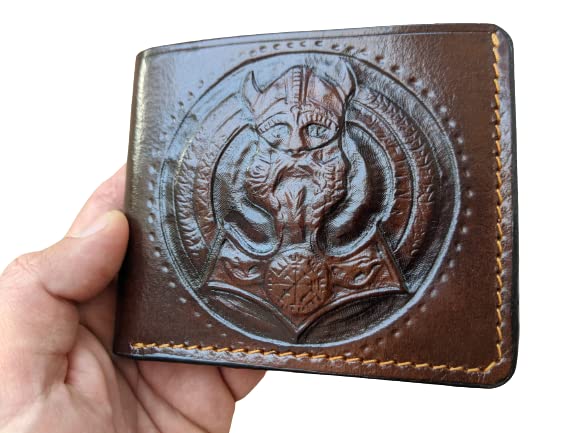 Thor Hammer Viking Men's 3D Genuine Leather Bifold Wallet - Handmade Odin Mjolnir Carved Tooled Airbrush Art Custom Personalized Wallet for Everyday Use & Gift Giving