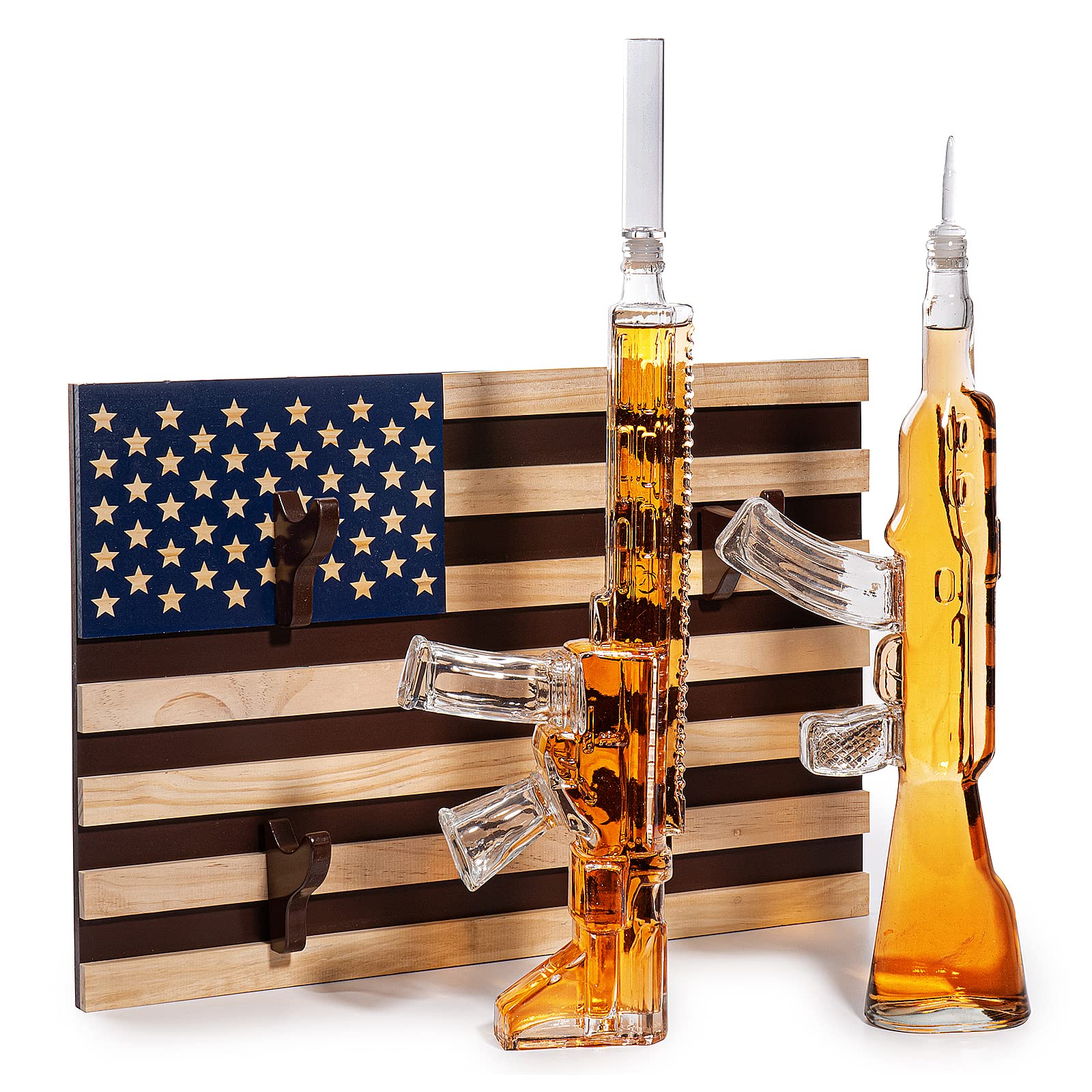 AR15 & AK47 Gun Whiskey Decanter Set - 1000ml Military-Themed Glass Decanters with American Flag Wall Rack - Unique Gifts for Men, Dad, Veterans & Gun Lovers - Perfect for Whiskey Tasting, Home Bar Decor & Military Appreciation Gifts