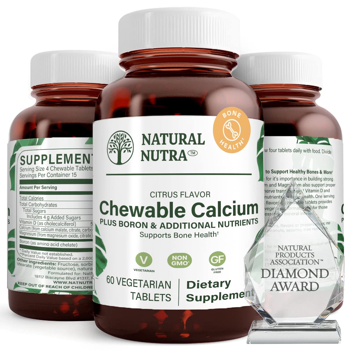 Natural Nutra Calcium Citrate Chewable Tablets with Magnesium & Vitamin D3 - 1000mg Calcium, 500mg Magnesium - Supports Bone, Teeth, Heart, Muscle & Nerve Health - Citrus Flavor - 60 Vegetarian Tablets - Ideal for Daily Supplementation & Active Lifestyle Support