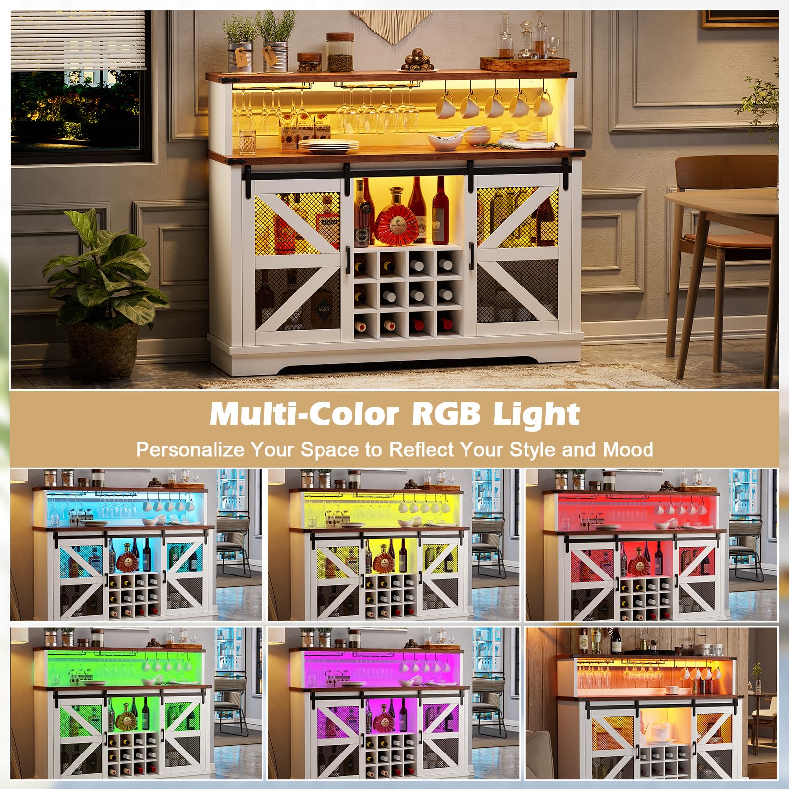 Farmhouse Wine Bar Cabinet with LED Lights - White Liquor & Coffee Bar Cabinet with Sliding Barn Door, Glass Rack & Storage Shelves - Sideboard Buffet Cabinet for Living Room, Dining Room & Home Decor - Perfect for Entertaining Guests & Displaying Glassware