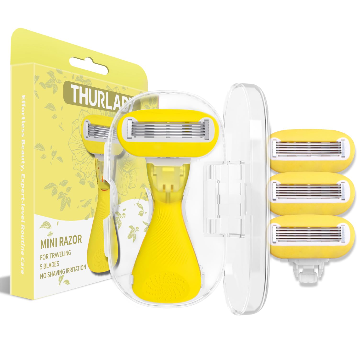 Mini Travel Razors for Women - 5-Blade Shaving Razor with 3 Refills & Travel Case, Extra Smooth On-The-Go Shaver, Portable Shaving Kit for Women (Lemon Yellow) - Perfect for Gym, Vacation & Business Trips
