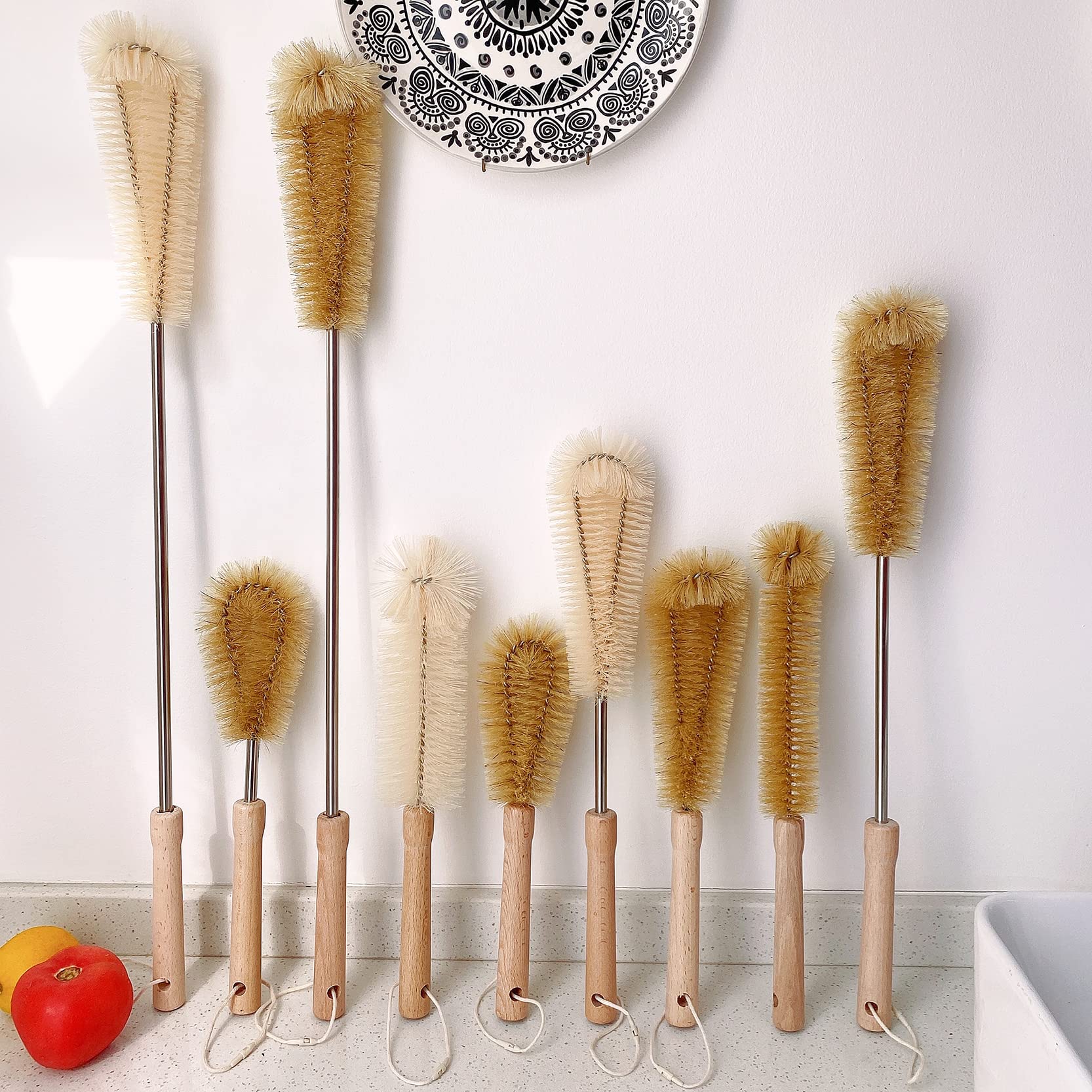 2 Pack Natural Bristle Bottle Cleaning Brushes - 10 Inch V-Shaped Design with Beech Wood Handle | Heavy Duty Kitchen Scrubber for Dishes, Cups, Pans, Vegetables, Sinks & Kettles | Perfect for Home, Restaurant and Commercial Use