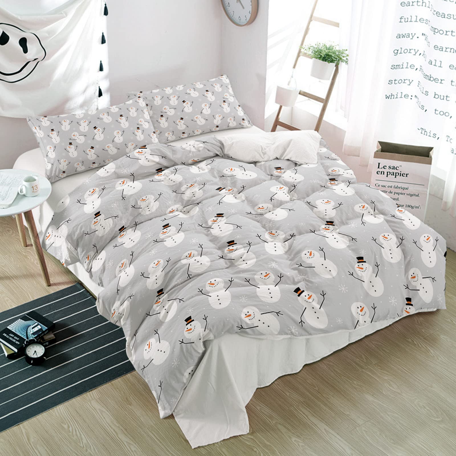 California King Duvet Cover Set - 3 Piece Winter White Cartoon Snowman Printed Luxury Comforter Cover with 2 Pillow Shams | Soft & Cozy Bedding for Christmas Decor & Bedroom Upgrade
