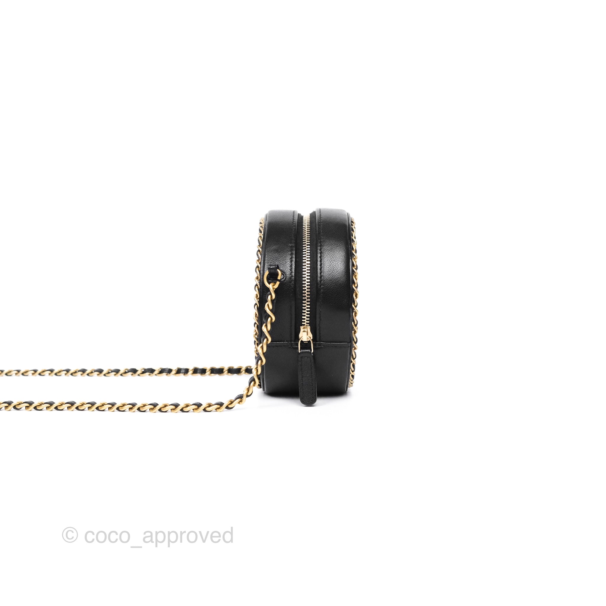 Chanel Black Lambskin Chained Round Filigree Clutch with Gold Hardware - Elegant Evening Bag for Parties, Weddings & Special Occasions