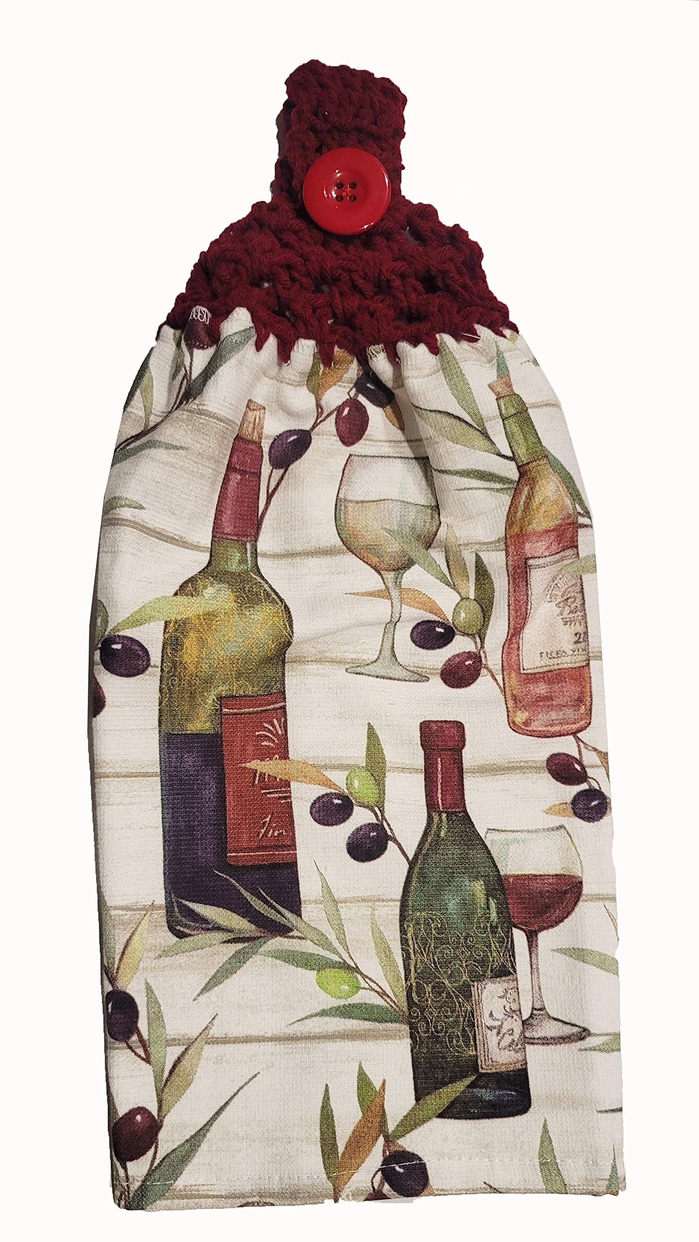 Handmade Burgundy Crochet Topped Tuscan Bottle Kitchen Towels - Elegant & Absorbent Cotton Dish Towels for Wine Bottles, Countertop Decor & Gift Giving