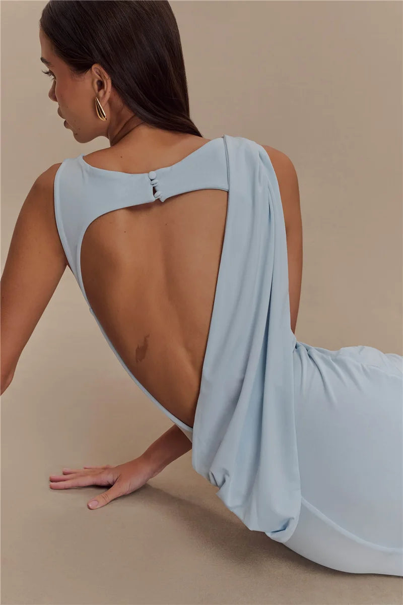 Sexy Backless Ruched Maxi Tank Dress for Women - Elegant O Neck Thigh High Split Bodycon Long Gown | Perfect for Summer Parties, Date Nights & Beach Vacations