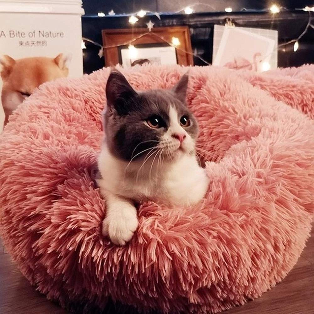 **Otoez Small Round Plush Donut Pet Bed for Puppies & Kittens - Anti-Anxiety Calming Dog & Cat Bed with Non-Slip Waterproof Bottom, Washable (15.7