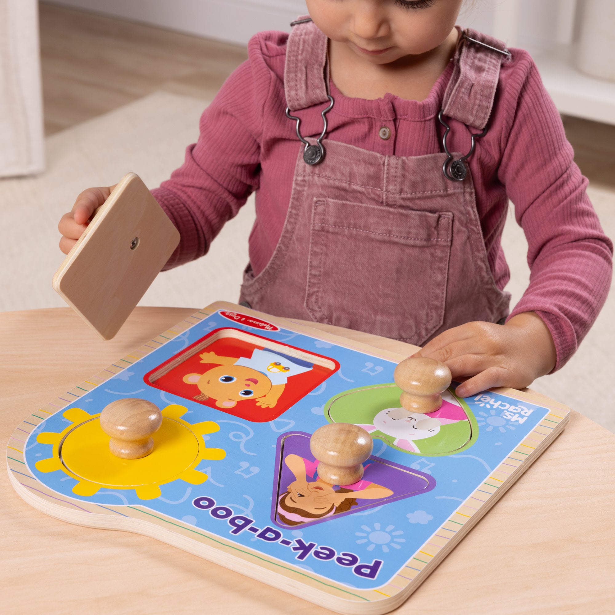 Ms. Rachel™ Wooden Peek-a-Boo Jumbo Peg Puzzle - 4 Piece Toddler Learning Toy for Fine Motor Skills & Shape Recognition - Perfect for Preschool Classroom & Montessori Playtime