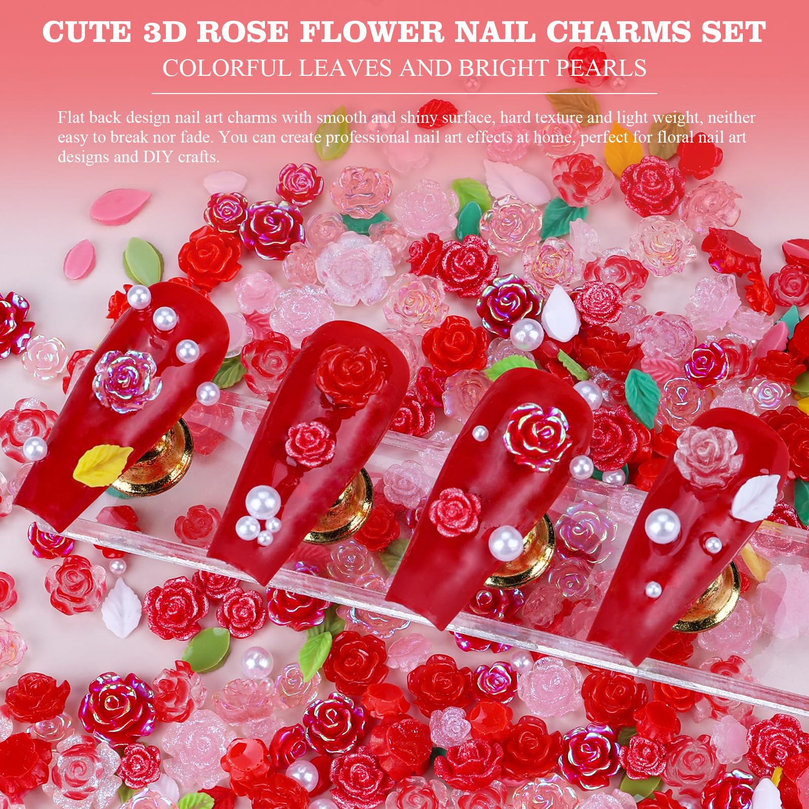 400Pcs 3D Camellia Flower Nail Charms - Pink Rose Floral Nail Gems with White Pearls for Acrylic Nails | DIY Nail Art Accessories for Women | Perfect for Bridal, Party & Salon Nail Designs (Red)
