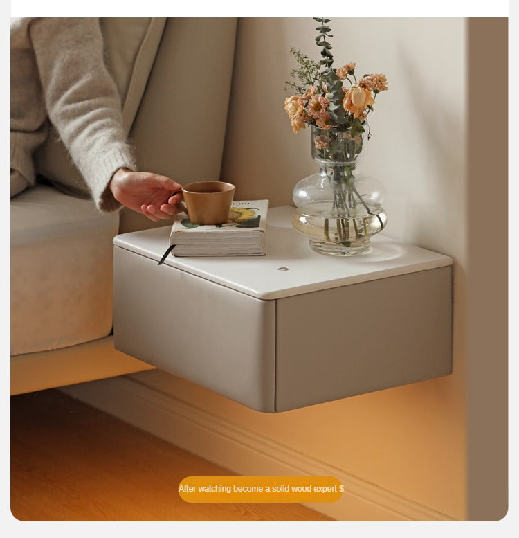Organic Leather Floating Nightstand - Wall Mounted Cream Rock Board Shelf for Bedroom, Living Room & Office - Modern Minimalist Storage Solution