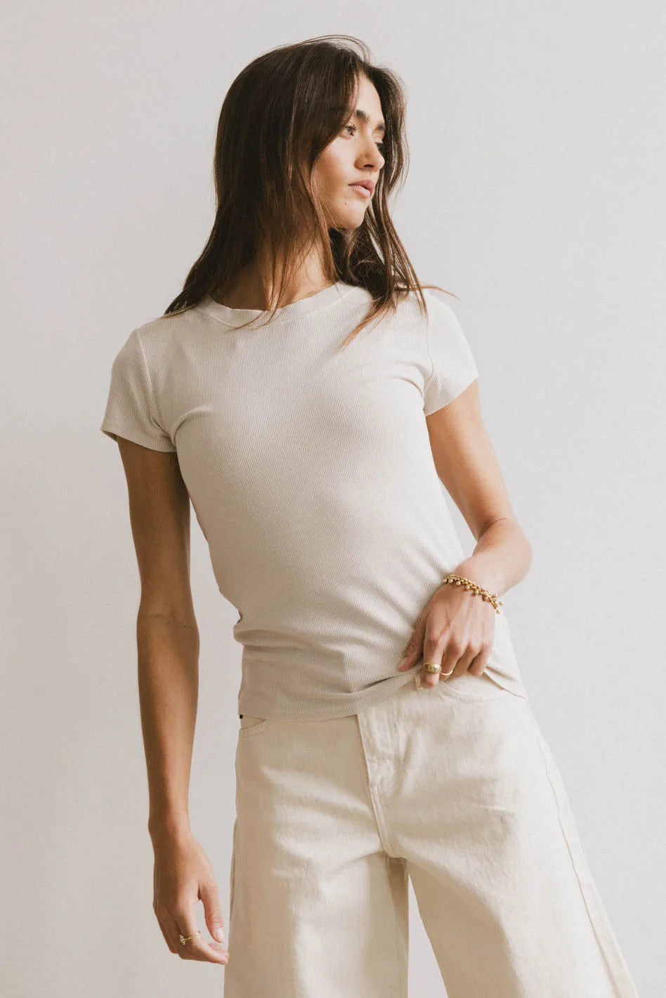 Opal Ribbed Tee in Ecru - Women's Slim Fit Stretch Cotton T-Shirt for Casual Wear & Layering | Final Sale