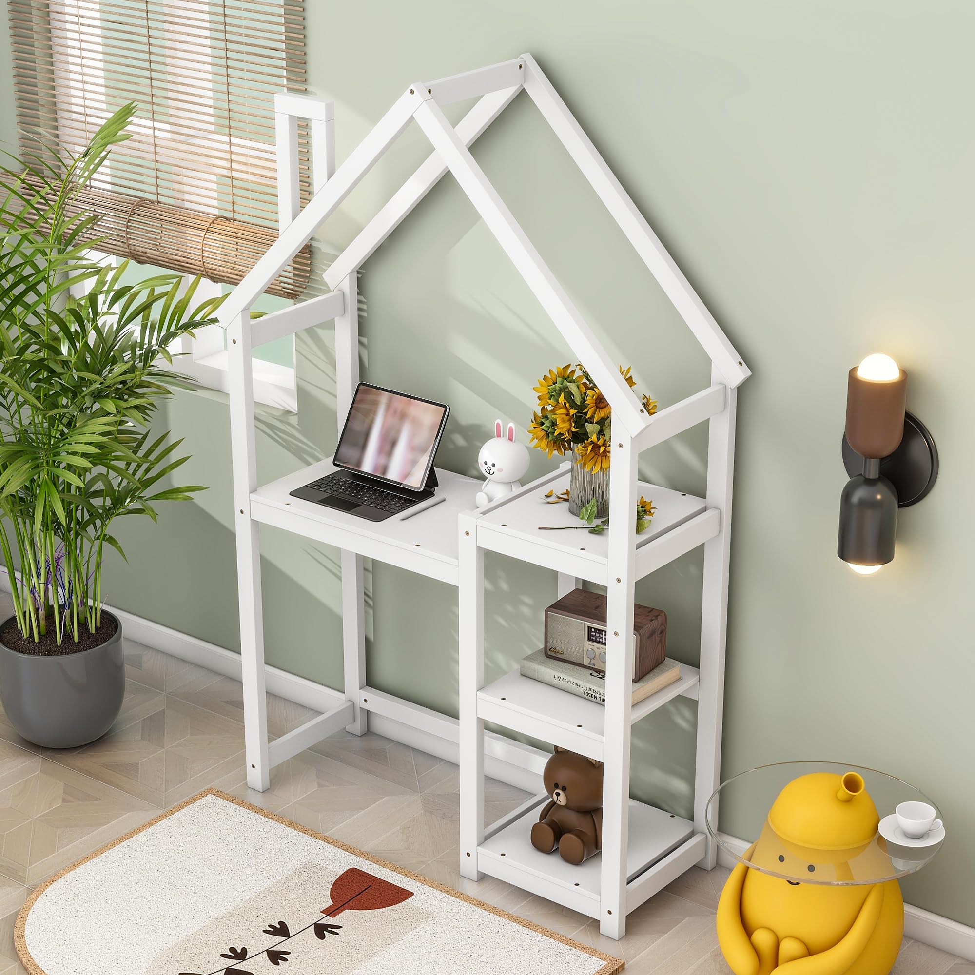 Kids Wooden House-Shaped Writing Desk - Multi-Functional Study Table with 3-Tier Storage Shelves, Open Bookshelf & Toy Organizer - Perfect for Bedroom, Playroom & Homeschooling (White)