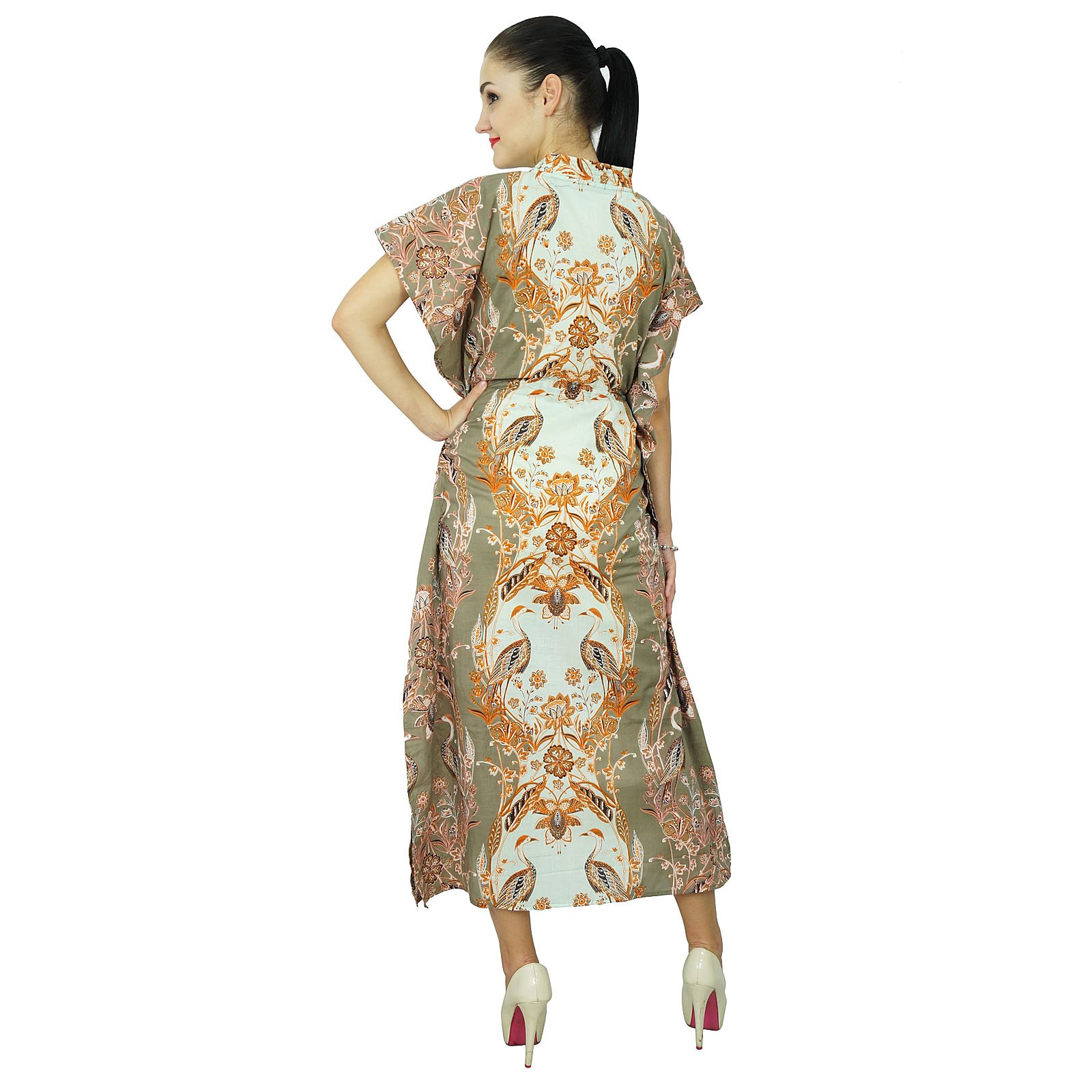Bimba Women's Printed Long Cotton Kaftan Dress - Kimono Sleeve Beach Cover Up | Boho Maxi Dress for Summer Vacation, Poolside Lounging & Resort Wear