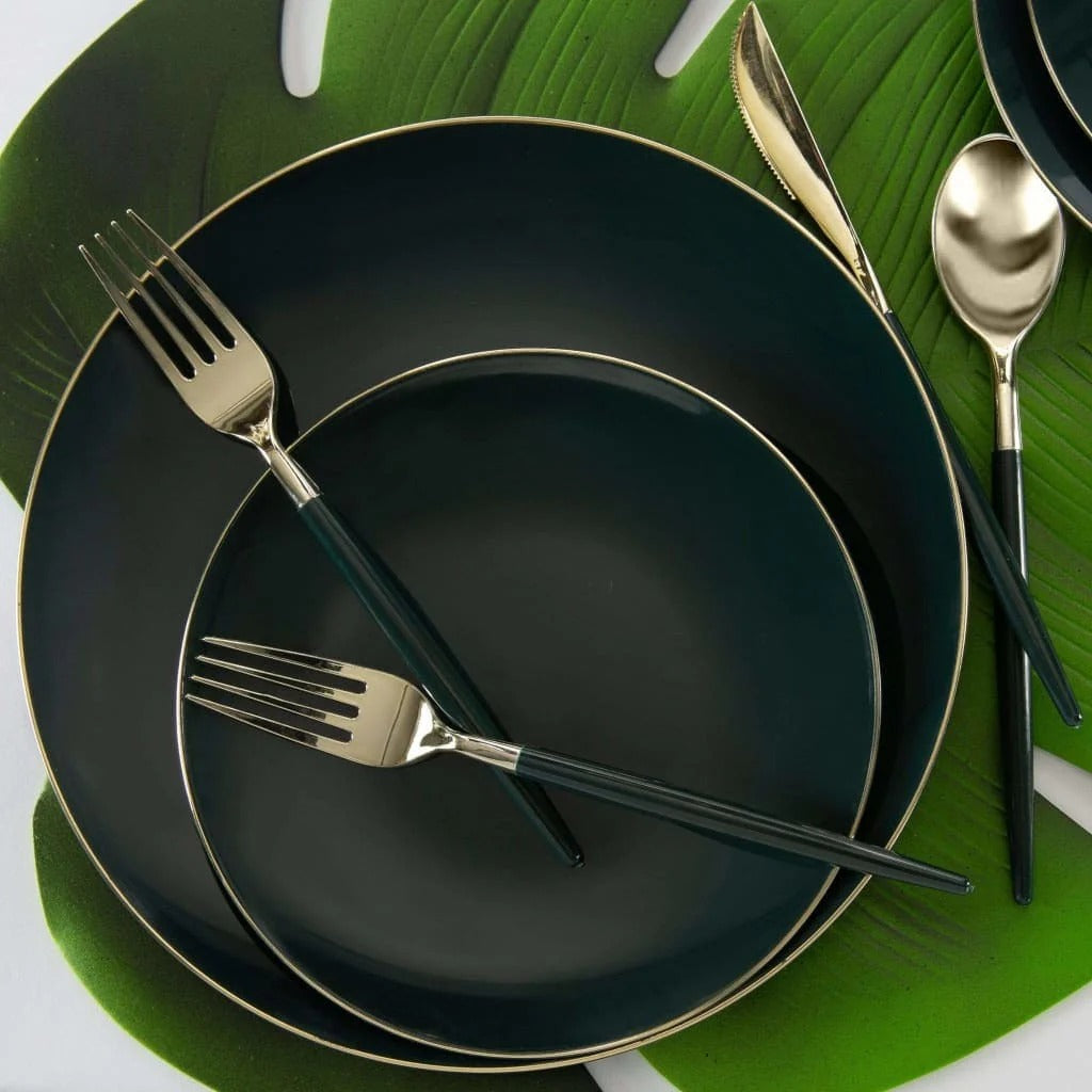 Emerald Green and Gold Rim Round Plastic Plates - Eco-Friendly Disposable Dinnerware for Parties, Picnics & Events