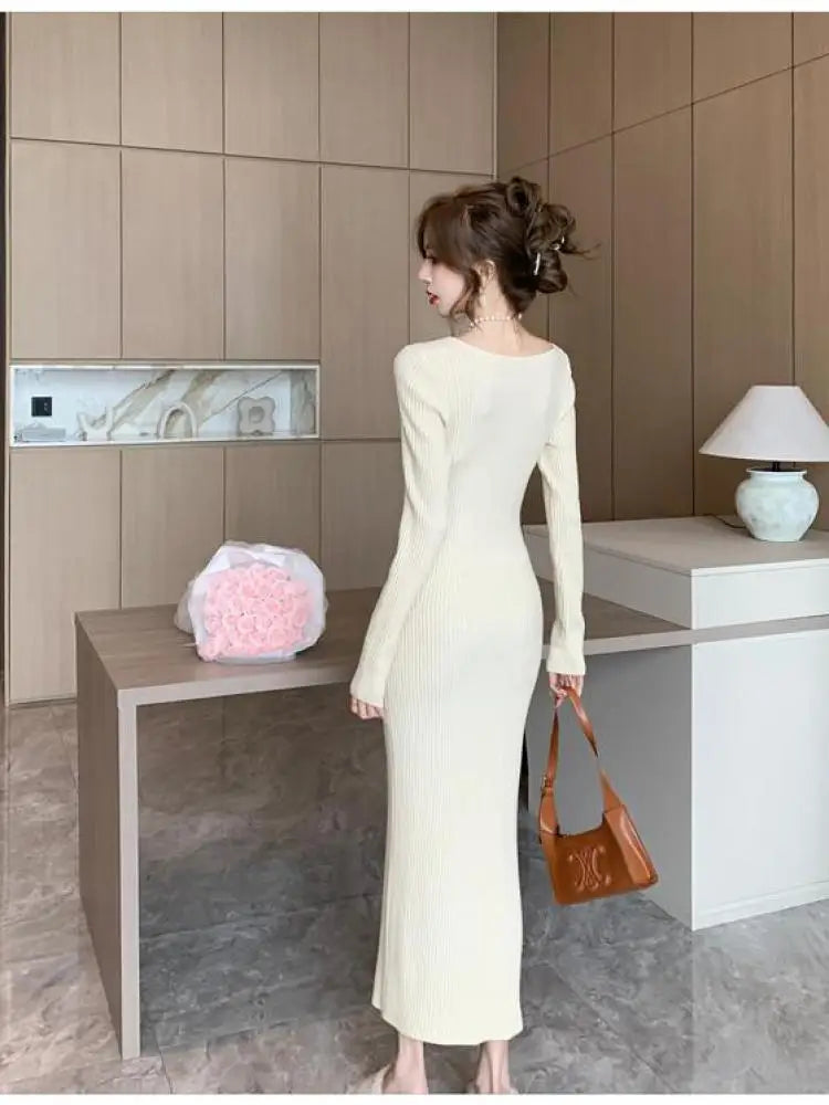 French Fashion Women's Elegant Long Sleeve Knit Dress - Square Neck Wrap Hip Office Dress for Autumn Winter | Slim Fit & Comfortable for Work, Parties & Date Nights