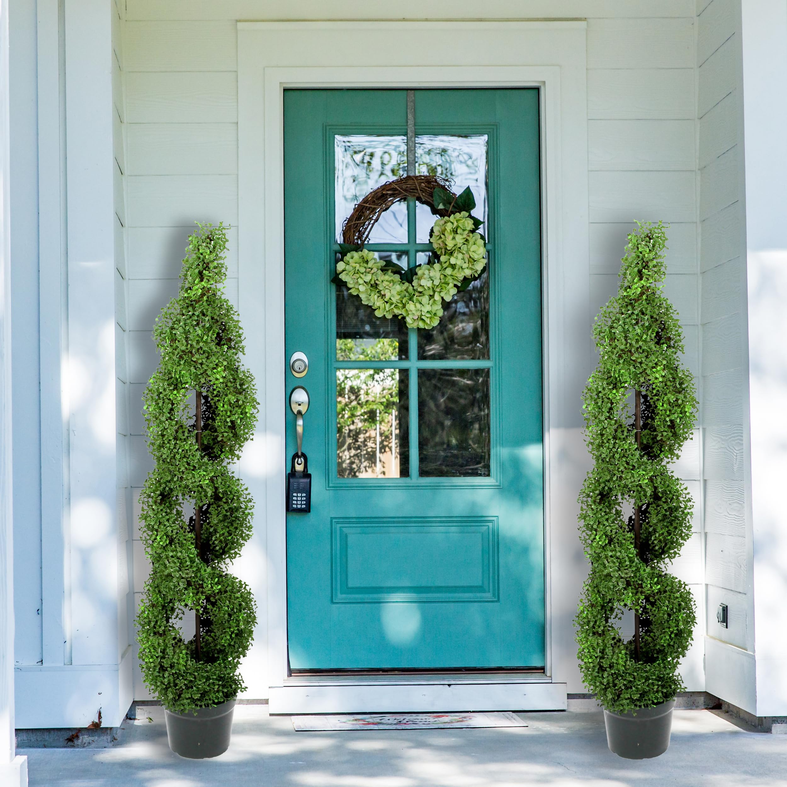 Admired By Nature 2-Pack 5' Artificial Boxwood Spiral Topiary Trees in Plastic Pots - Realistic Green Faux Plants for Indoor & Outdoor Decor, Home, Office, Garden, and Patio