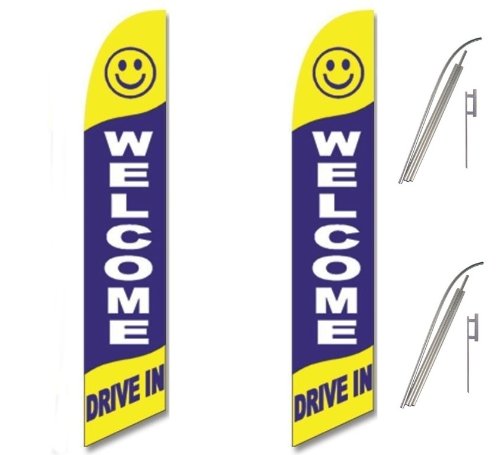 Blue Yellow White Welcome Drive-In Two Full Sleeve Swooper Flags with Poles & Spikes - Perfect for Driveway Decorations, Car Dealerships, and Patriotic Events