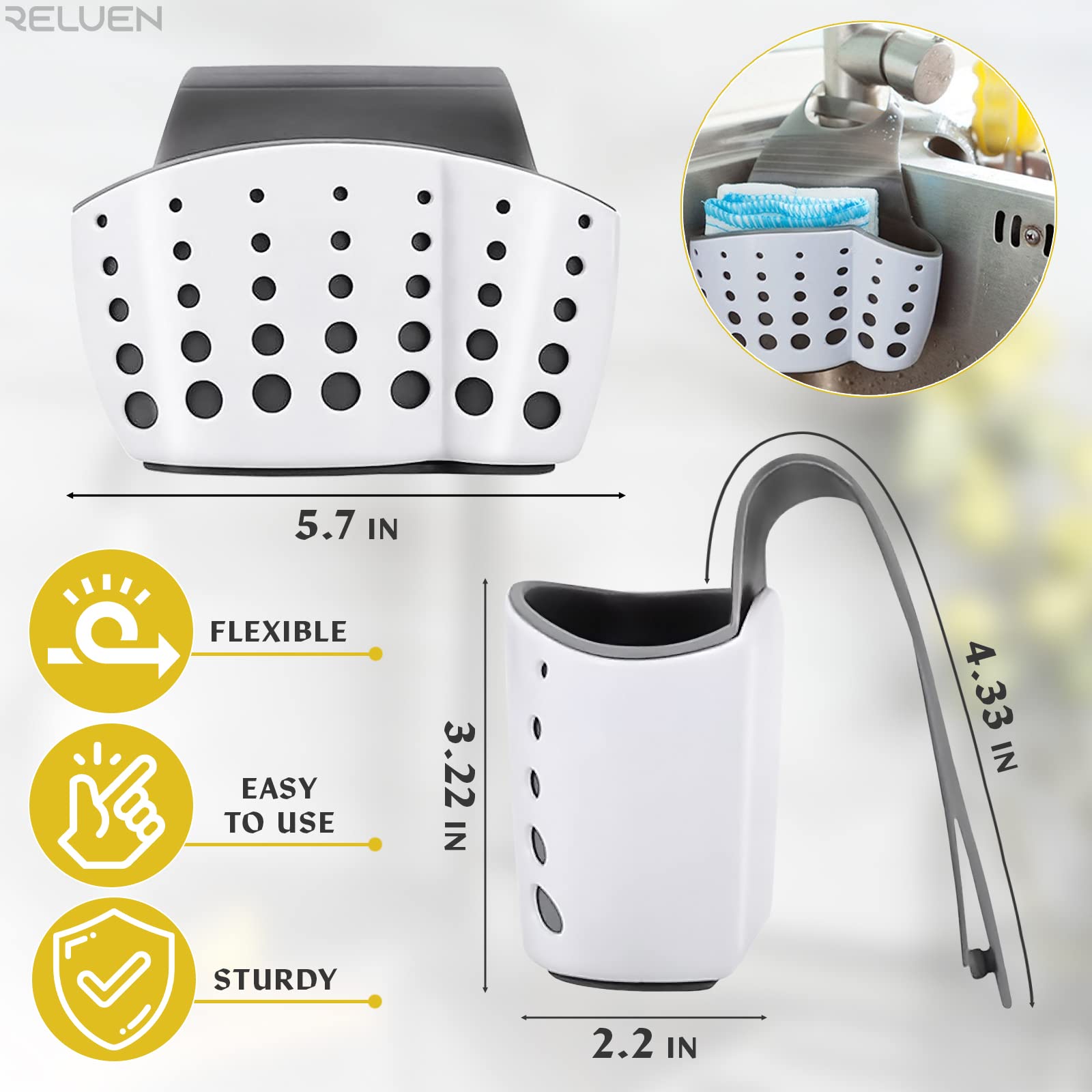 Adjustable Silicone Sponge and Soap Holder for Kitchen Sink - Over the Faucet Hanging Organizer with Strap - Durable Sink Caddy for Sponges and Dish Soap - Perfect for Kitchen Organization and Cleaning Accessories Storage