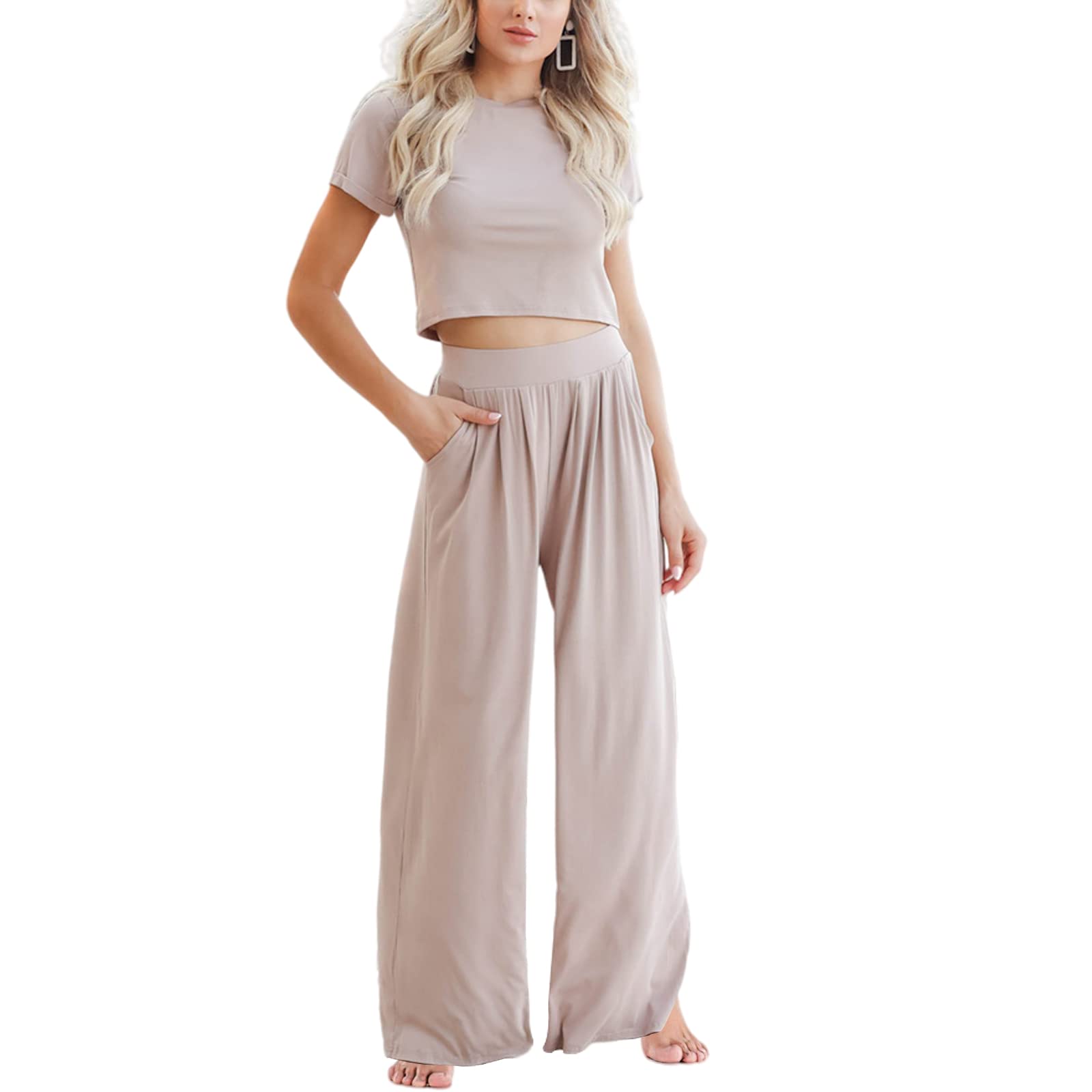 Xaspee Women's 2 Piece Outfit Summer Casual Short Sleeve Crop Top & High Waisted Wide Leg Pants with Pockets - Perfect for Beach Vacation, Streetwear Fashion and Daily Comfort Wear