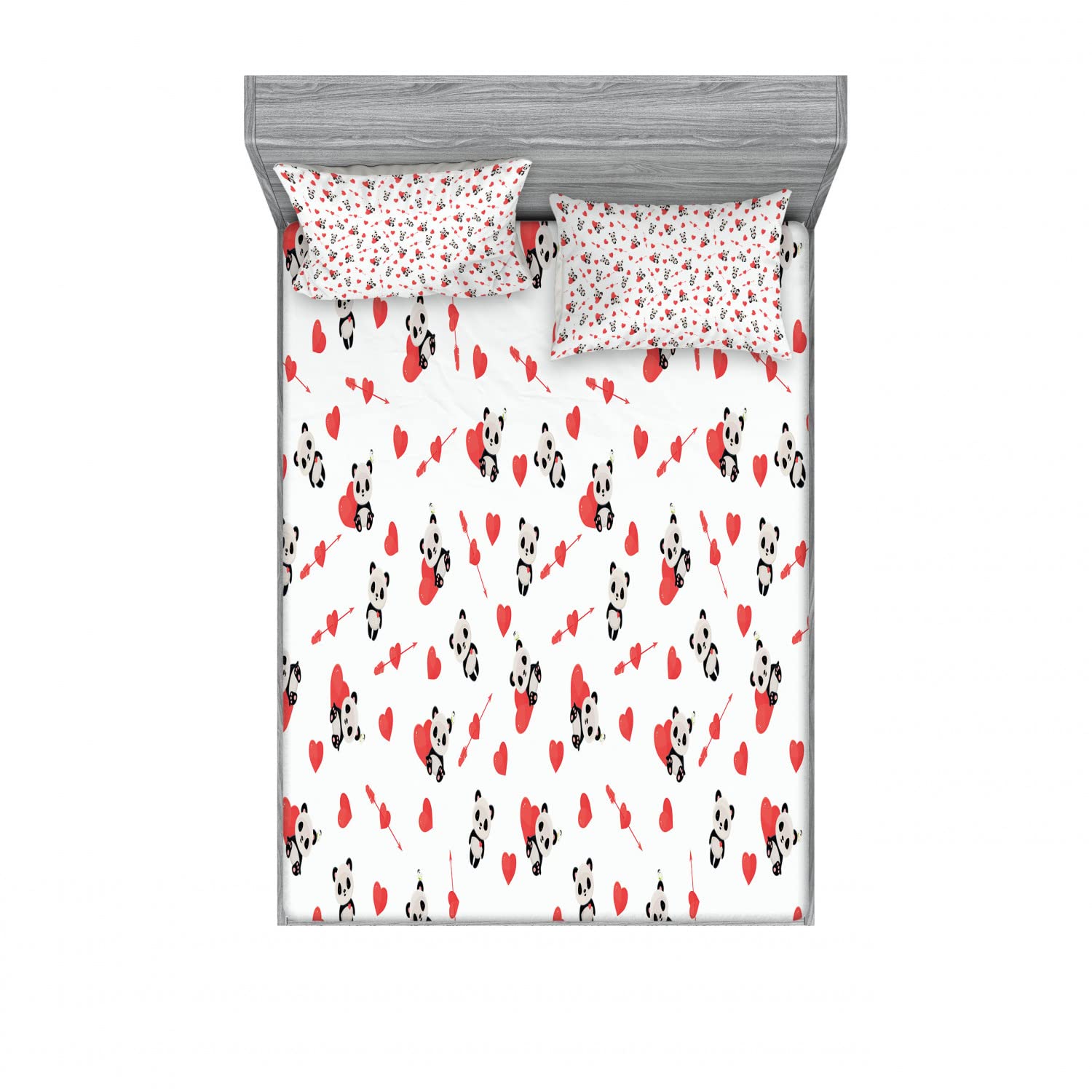 Ambesonne 2-Pack King Size Fitted Sheet & Pillow Sham Set - Cute Panda with Hearts Design, 4-Piece Bedding Set (2 Fitted Sheets + 4 Pillow Covers) in Vermilion Beige Black - Soft & Breathable for Cozy Bedroom Decor, Perfect for Kids Rooms, Guest Rooms & Panda Lovers