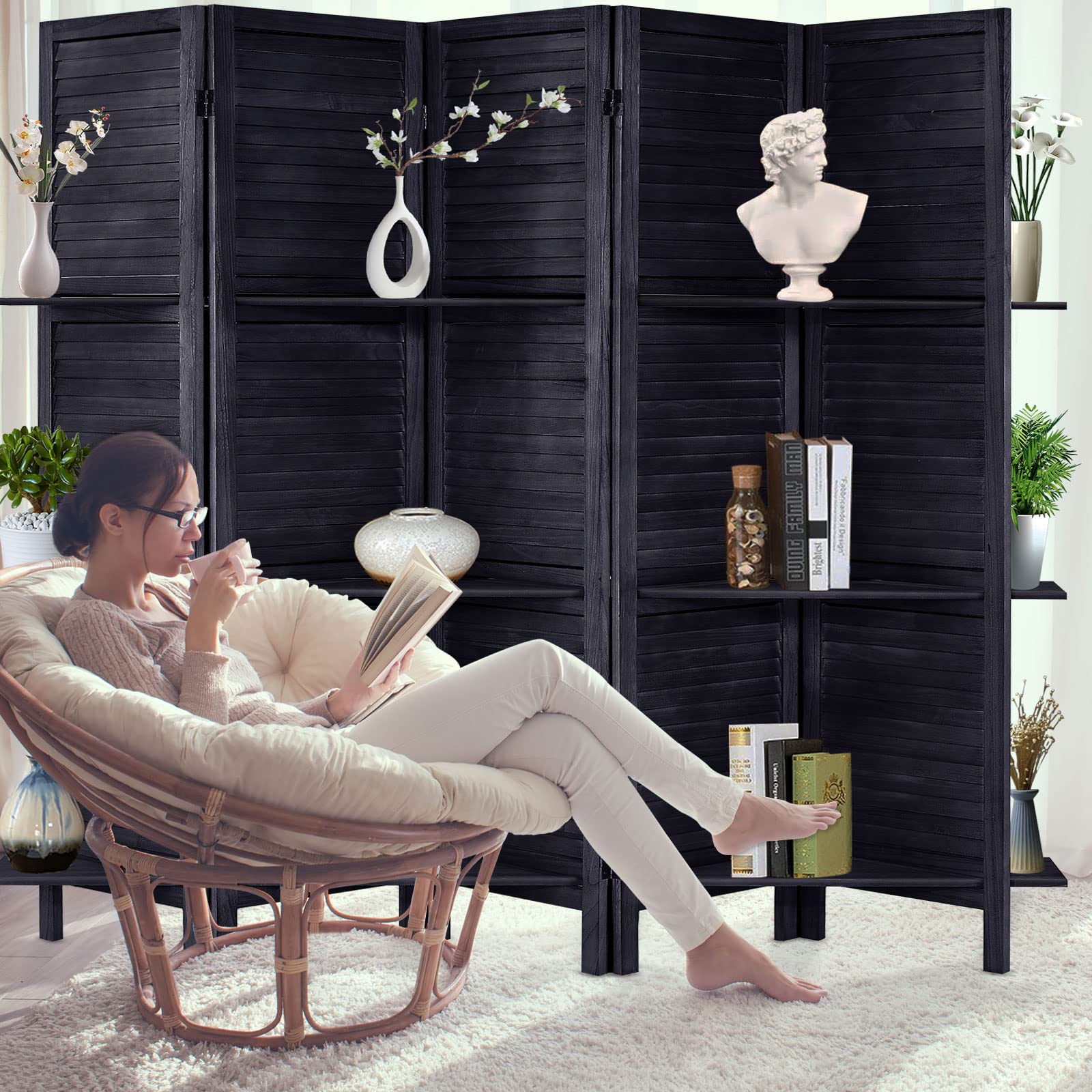 5.6 Ft Tall Wood Room Divider with Shelves - 5 Panel Folding Privacy Screen & Wall Partition for Home, Office, or Studio (Black) | Space Separator for Living Room, Bedroom, and Workspace