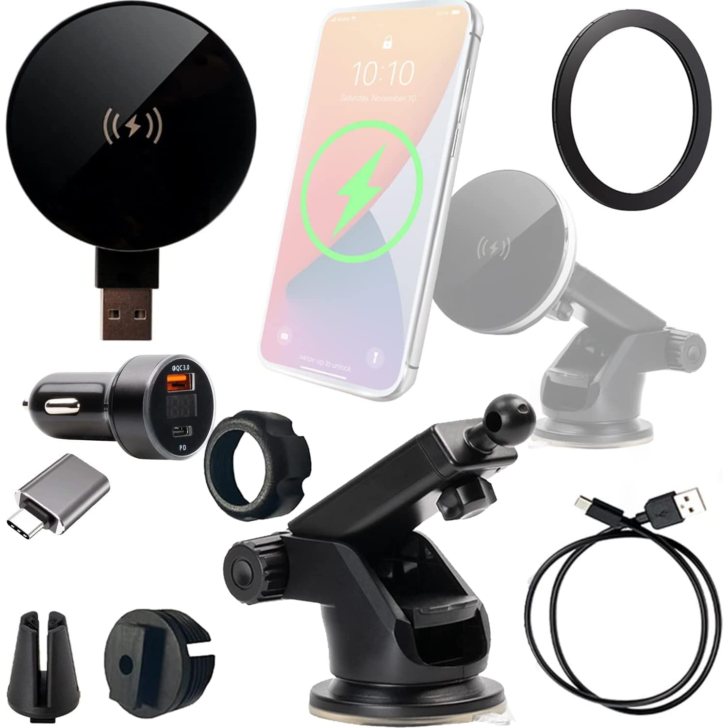 Ultimaxx Wireless Qi Fast Charger & Travel Kit - Magnetic Car Mount, USB-C Adapter & Cable for iPhone 14/13/12/11/X/8 - Perfect for Car, Office & Travel Charging