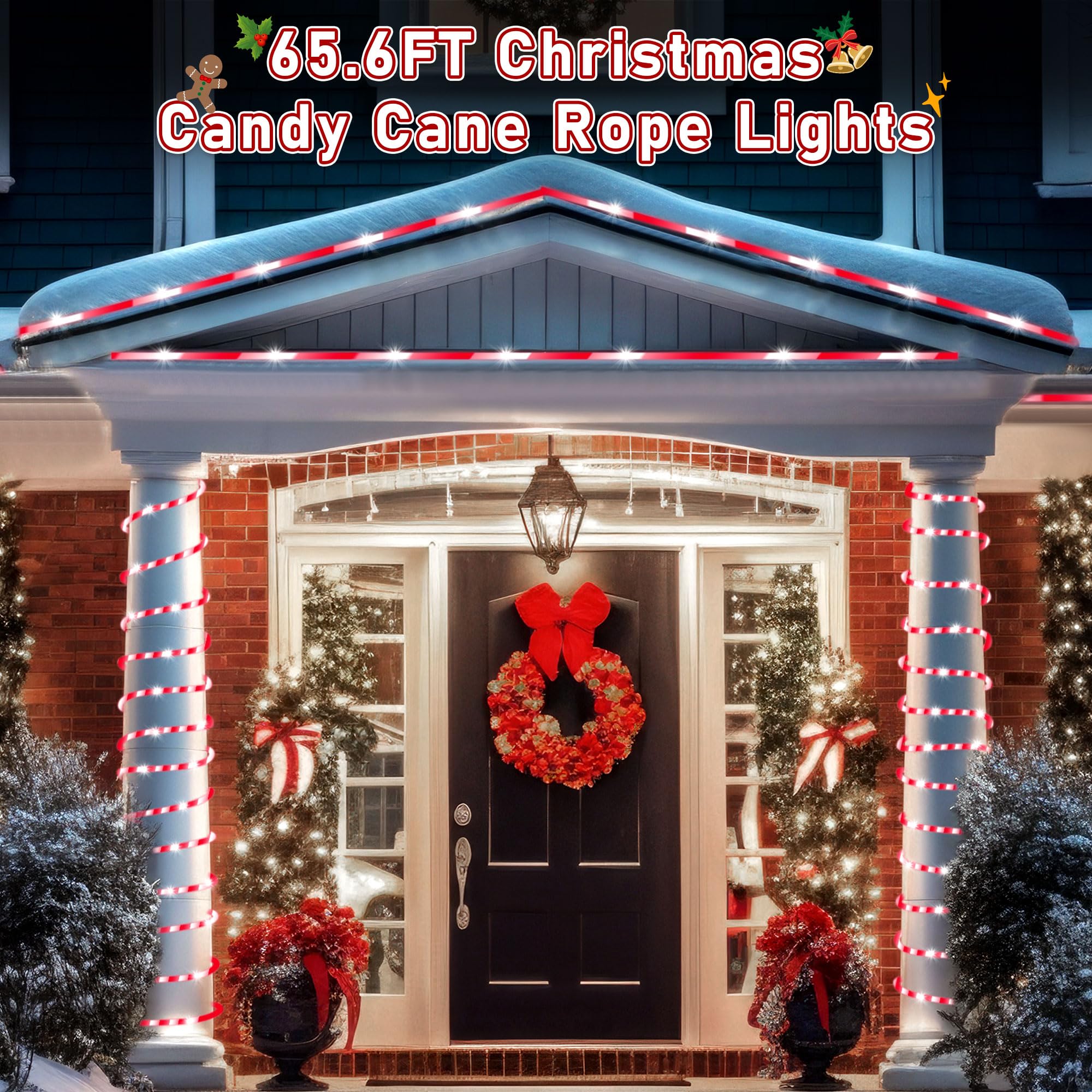 Hiboom Christmas Candy Cane Rope Lights - 65.6ft Waterproof Outdoor Decorative String Lights with 8 Lighting Modes & Timer for Christmas Tree, Fence, Patio, Garden, Yard - Perfect for Holiday Decorations, Parties, and Festive Outdoor Lighting