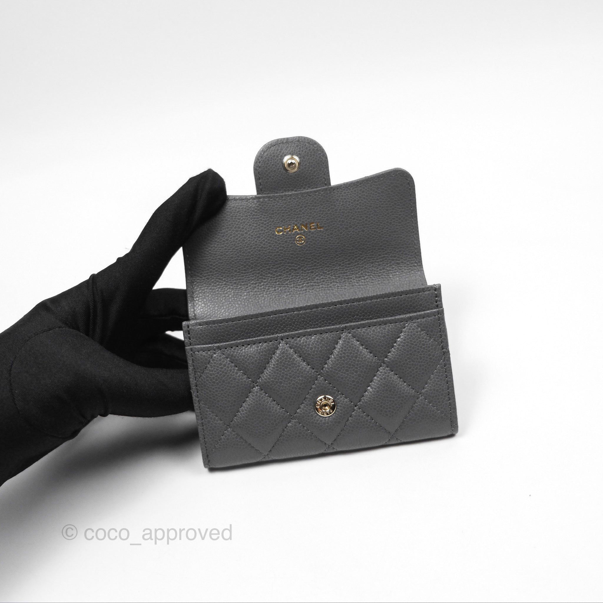 Chanel Classic Flap Card Holder Wallet - Dark Grey Caviar Leather with Gold Hardware | Luxury Compact Wallet for Women, Perfect for Everyday Use & Travel