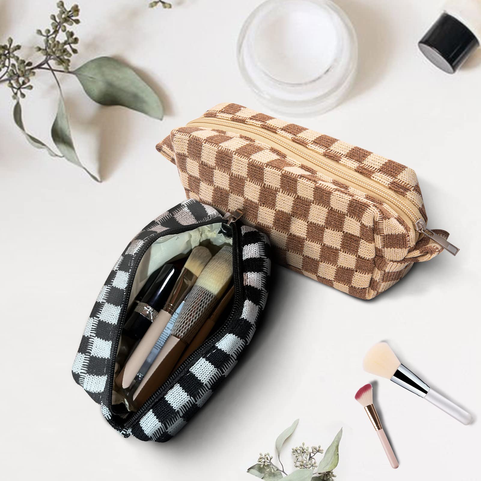Stylish Checkered Makeup Bag - Large Capacity Cosmetic Organizer for Travel, Toiletries & Brushes Storage (Tri-Color) | Perfect for Daily Use, Vacation & Gift Giving