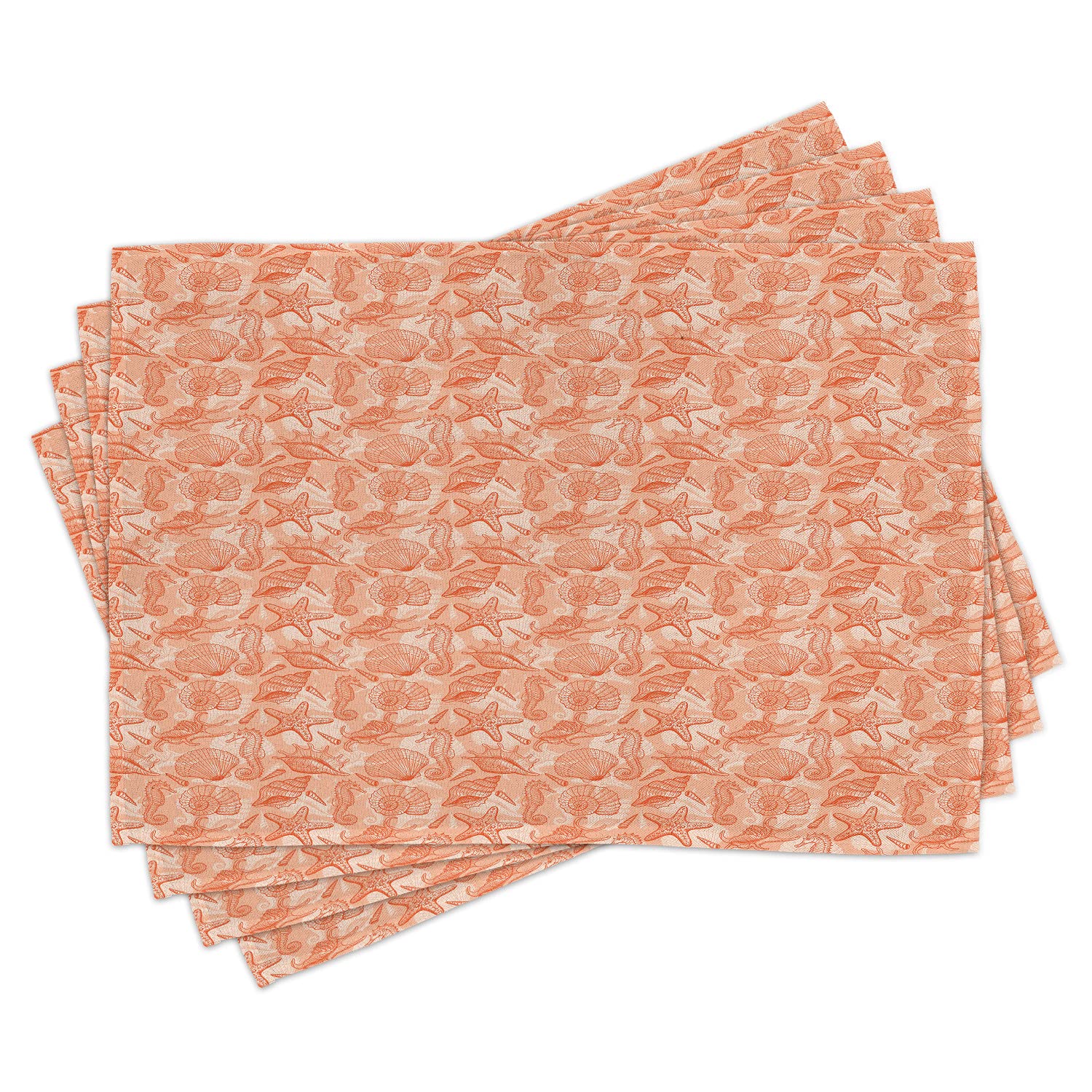 Ambesonne 4-Piece Shells Placemats Set - Hand-Sketched Seahorse, Starfish & Scallops Design - Washable Fabric Table Mats for Dining Room & Kitchen Decor in Warm Burnt Sienna, Rust & Pale Orange | Perfect for Beach-Themed Dinner Parties, Coastal Home Decor & Summer Entertaining