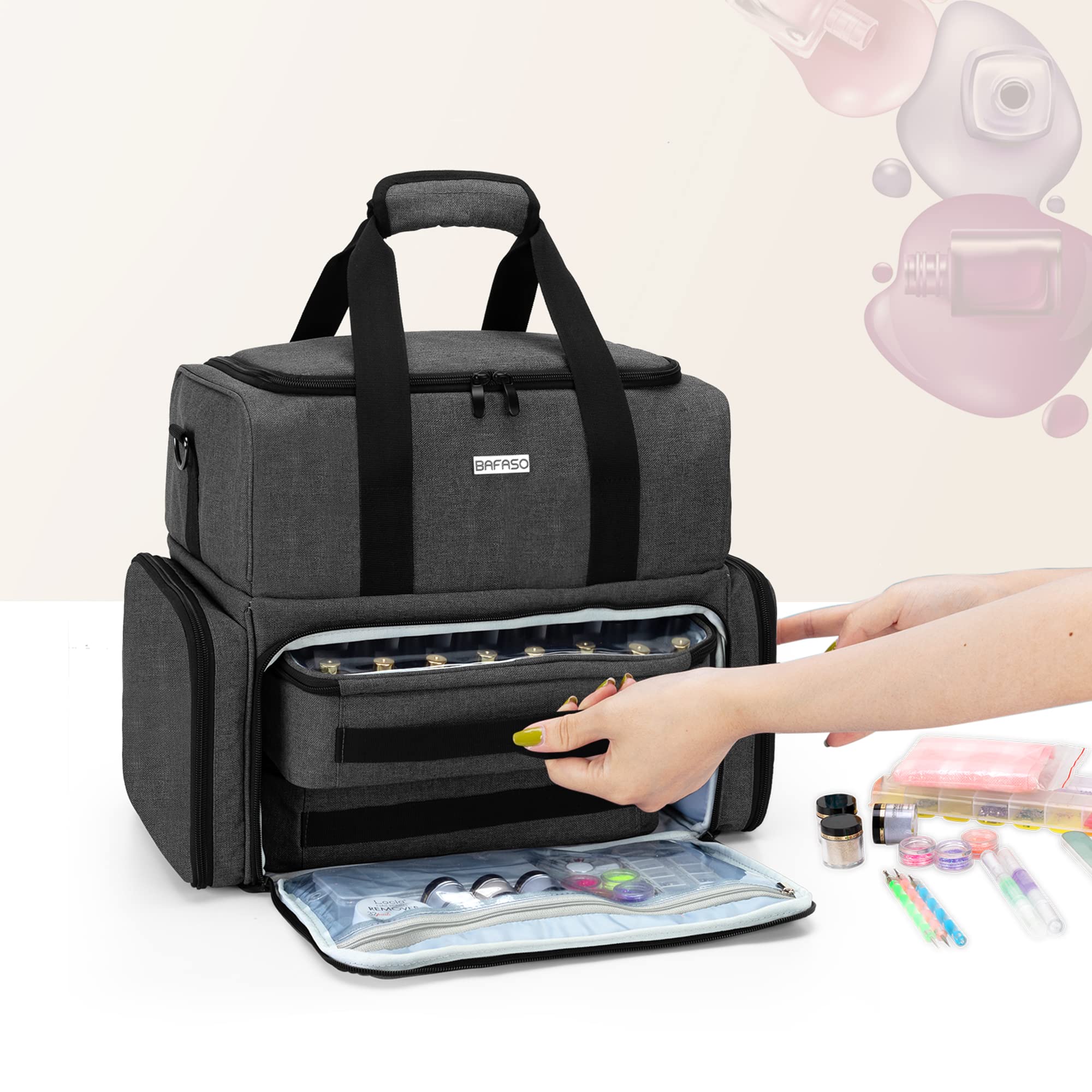 BAFASO Professional Makeup Organizer Bag with 4 Removable Cosmetic Pouches & Nail Polish Storage - Holds 80 Bottles (15ml/0.5oz) + UV Nail Lamp - Perfect for Travel, Salon & Home Beauty Organization