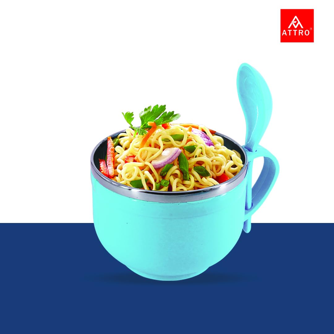 Attro 500ml Stainless Steel Noodle Bowl with Spoon Holder - Lightweight, Stackable, Durable Soup Bowl for Ramen, Maggi & Instant Noodles - Perfect for Camping, Dorm Rooms & Office Lunch (Blue)