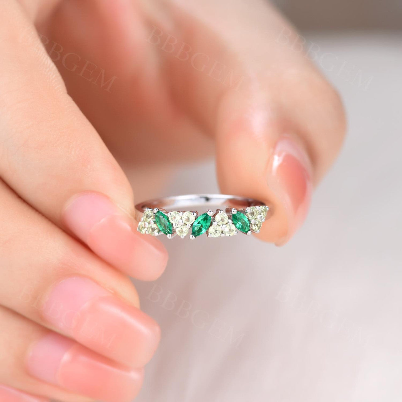 Stackable Marquise Emerald & Three Stone Peridot Wedding Ring - Promise Ring for Women, Dainty Everyday Band Jewelry (Perfect for Anniversaries, Engagements & Special Occasions)