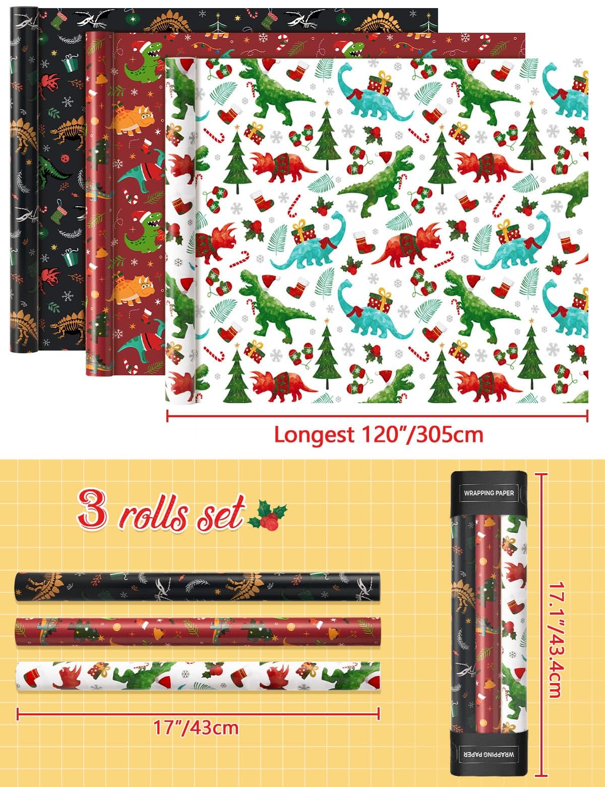 WERNNSAI Christmas Wrapping Paper for Kids - 3 Rolls Dinosaur Themed Holiday Gift Wrap (17