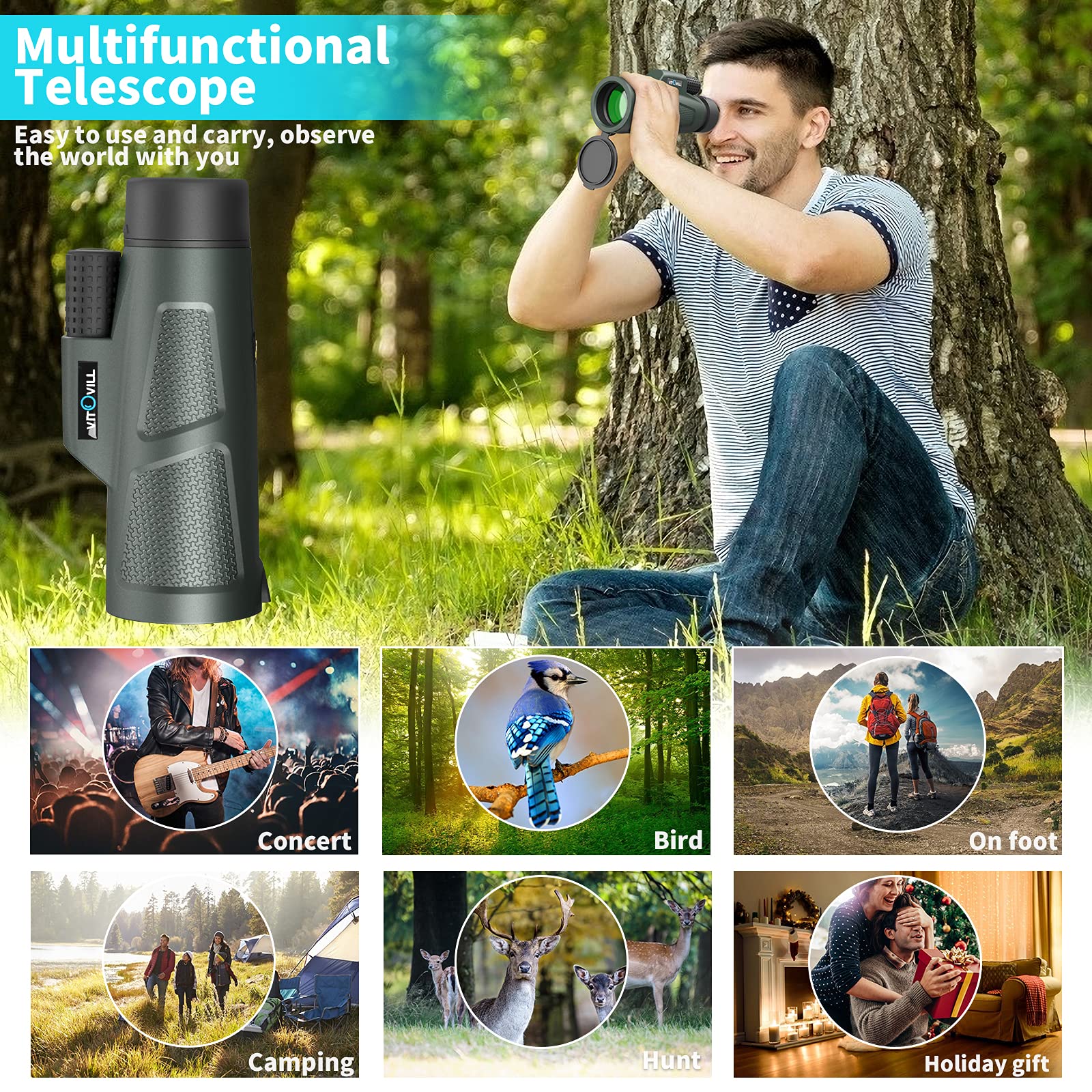 12x55 High Power Monocular Telescope for Adults - HD Zoom with Smartphone Adapter & Tripod, Waterproof & Fogproof, Lightweight for Hiking, Bird Watching, Hunting, Travel and Stargazing - Perfect Gift for Outdoor Enthusiasts