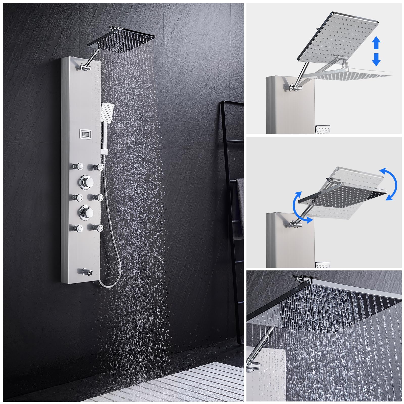 Premium 304 Stainless Steel Shower Panel System - 6 Body Jets, 9