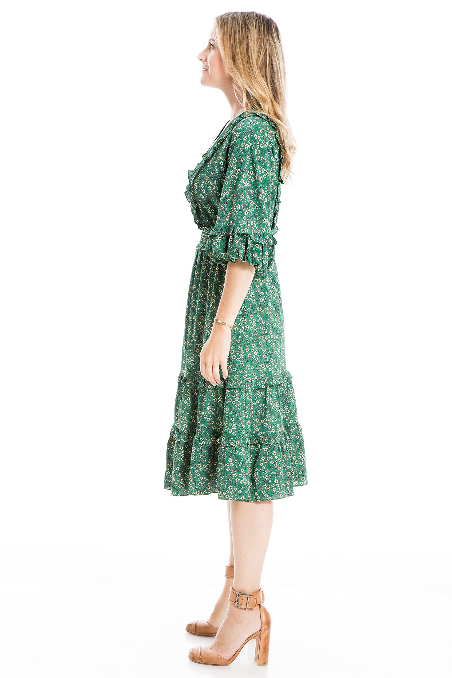 Max Studio Women's 3/4 Sleeve Tiered Bubble Crepe Dress - Elegant Flowy Midi Dress for Wedding, Party & Special Occasions