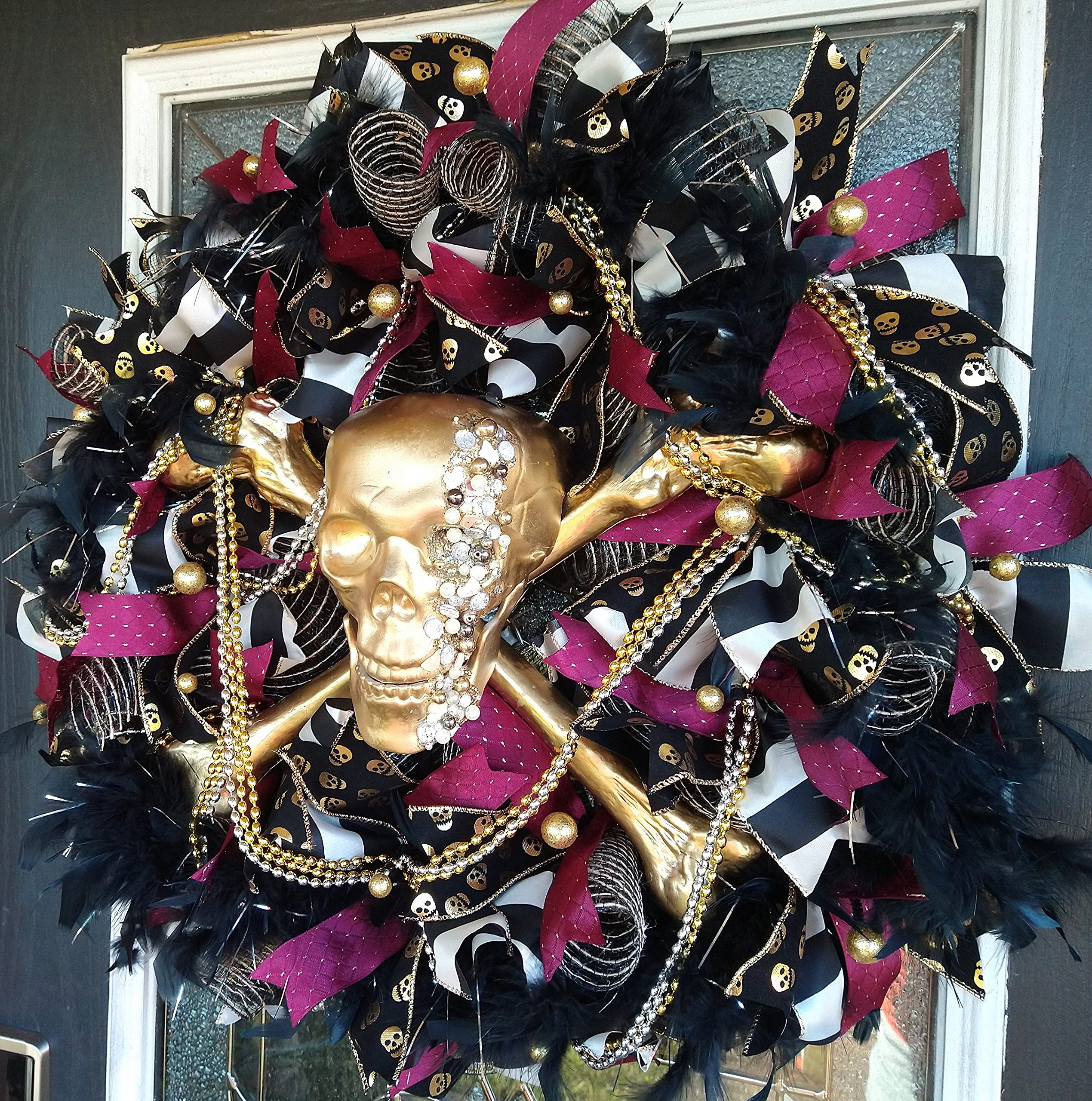 LAST ONE XL Deluxe Bling Pirate Skull & Crossbones Halloween Wreath - Luxury Jeweled Beaded Feather Decor for Front Door, GASPARILLA Party & Pirate Themed Events - Perfect for Halloween Decorations, Pirate Parties & Mardi Gras Celebrations