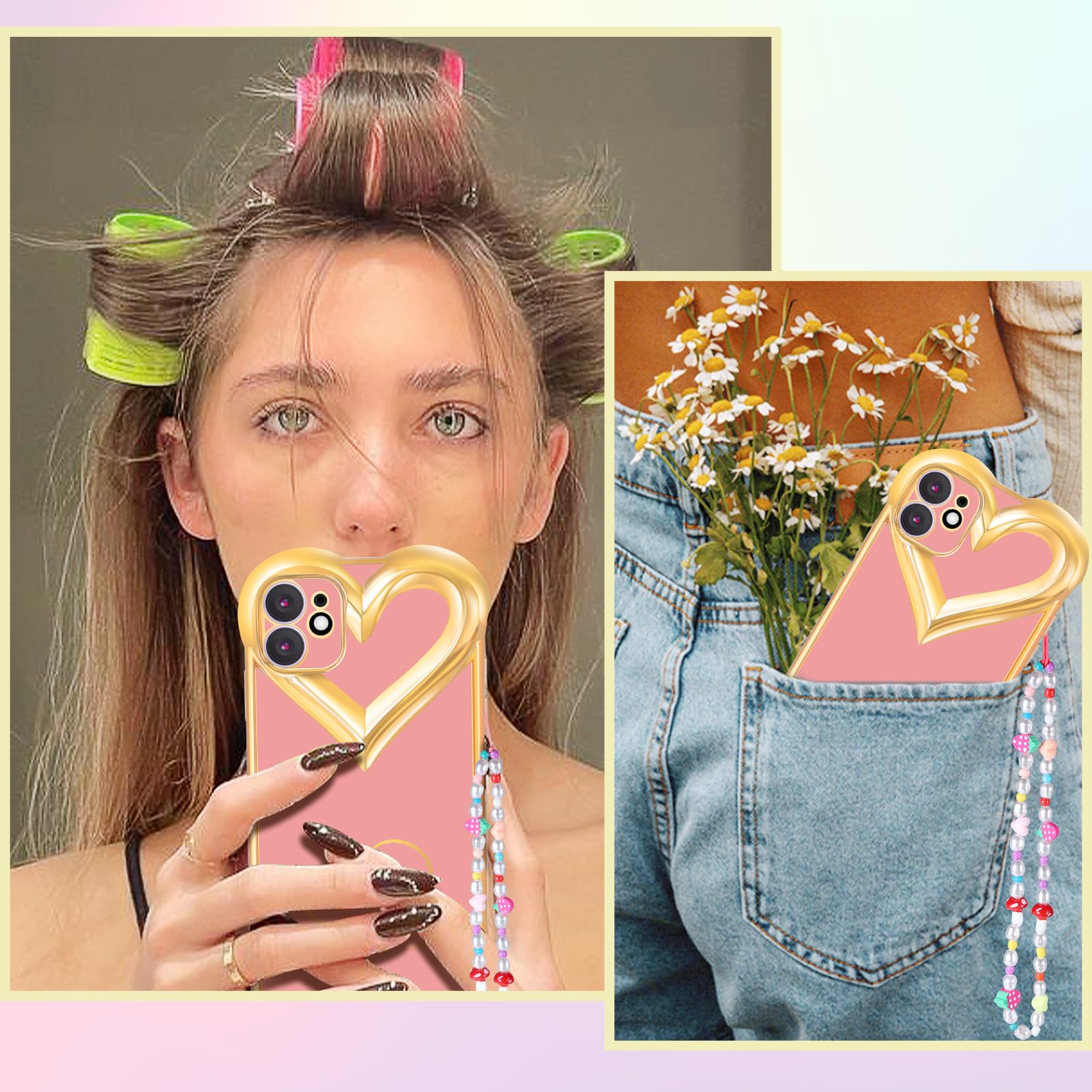 3-in-1 Luxury Heart Pattern iPhone 11 Case for Women - 6.1 Inch Cute Aesthetic Phone Cover with Chain & Screen Protector | Perfect Gift for Girlfriend, Valentine's Day & Everyday Use