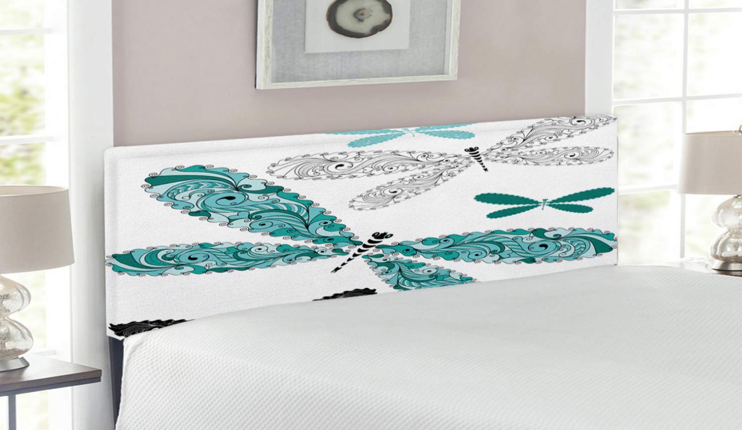 Ambesonne Dragonfly Headboard - Ornamental Winged Insect Design with Lace & Damask Effects, Upholstered Decorative Metal Bed Frame with Memory Foam - Queen Size in Teal, Turquoise & Black - Perfect for Bedroom Decor, Guest Rooms & Bohemian Style Interiors