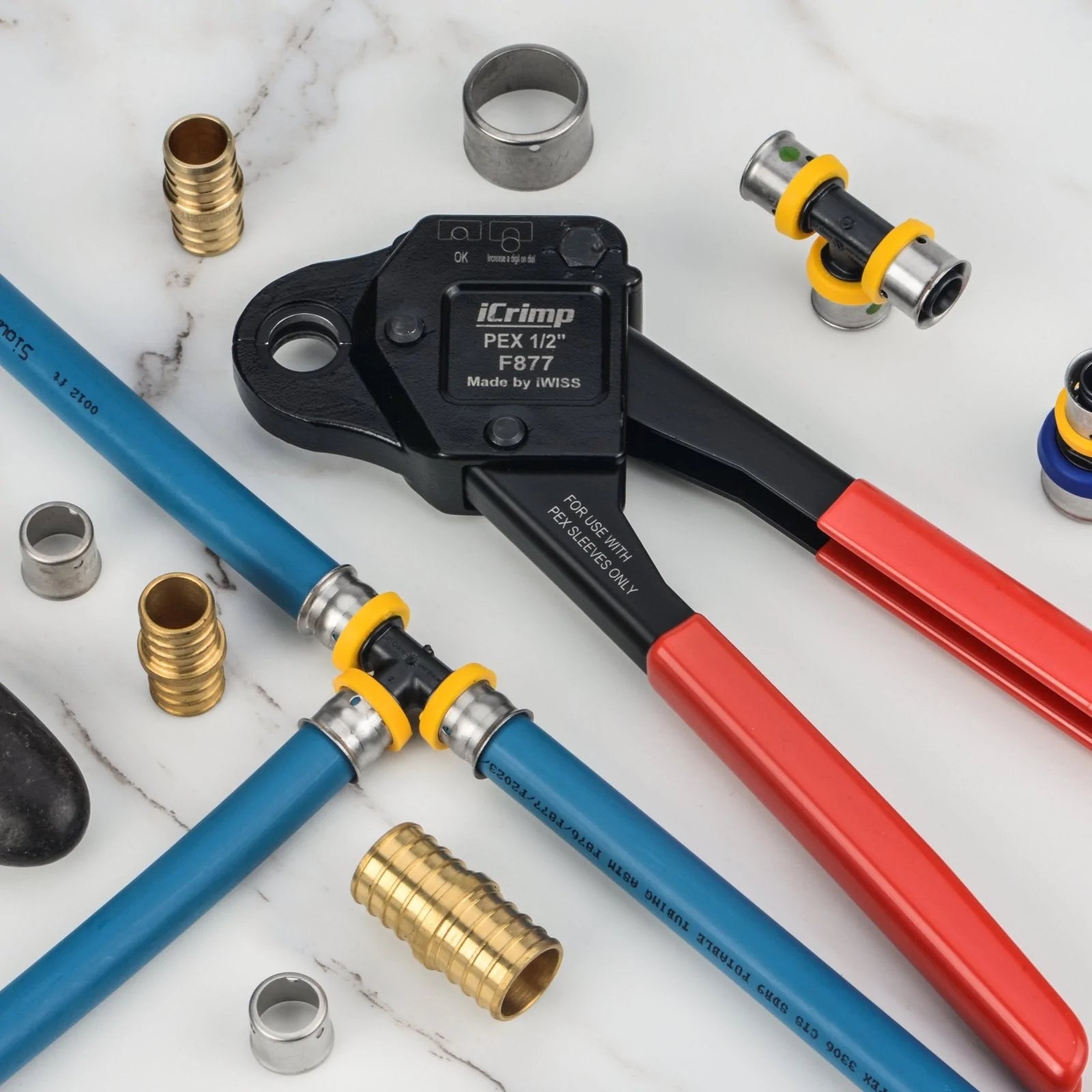 Angled Head PEX Crimping Tool for 1/2 inch F877 Stainless PEX Press Sleeves with Go/No-Go Gauge - Perfect for Plumbing Repairs and PEX Pipe Installations