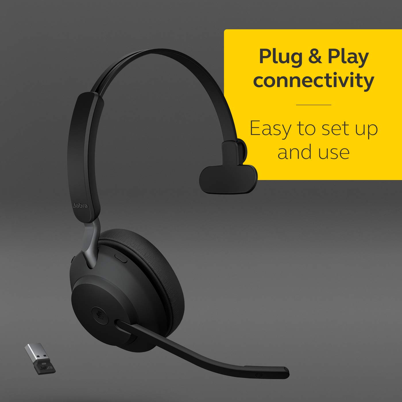 Jabra Evolve2 65 Wireless PC Headset – Noise Cancelling Microsoft Teams Certified Mono Headphones with 37-Hour Battery Life – USB-A & Bluetooth Adapter – Black – Perfect for Remote Work, Call Centers & Office Meetings
