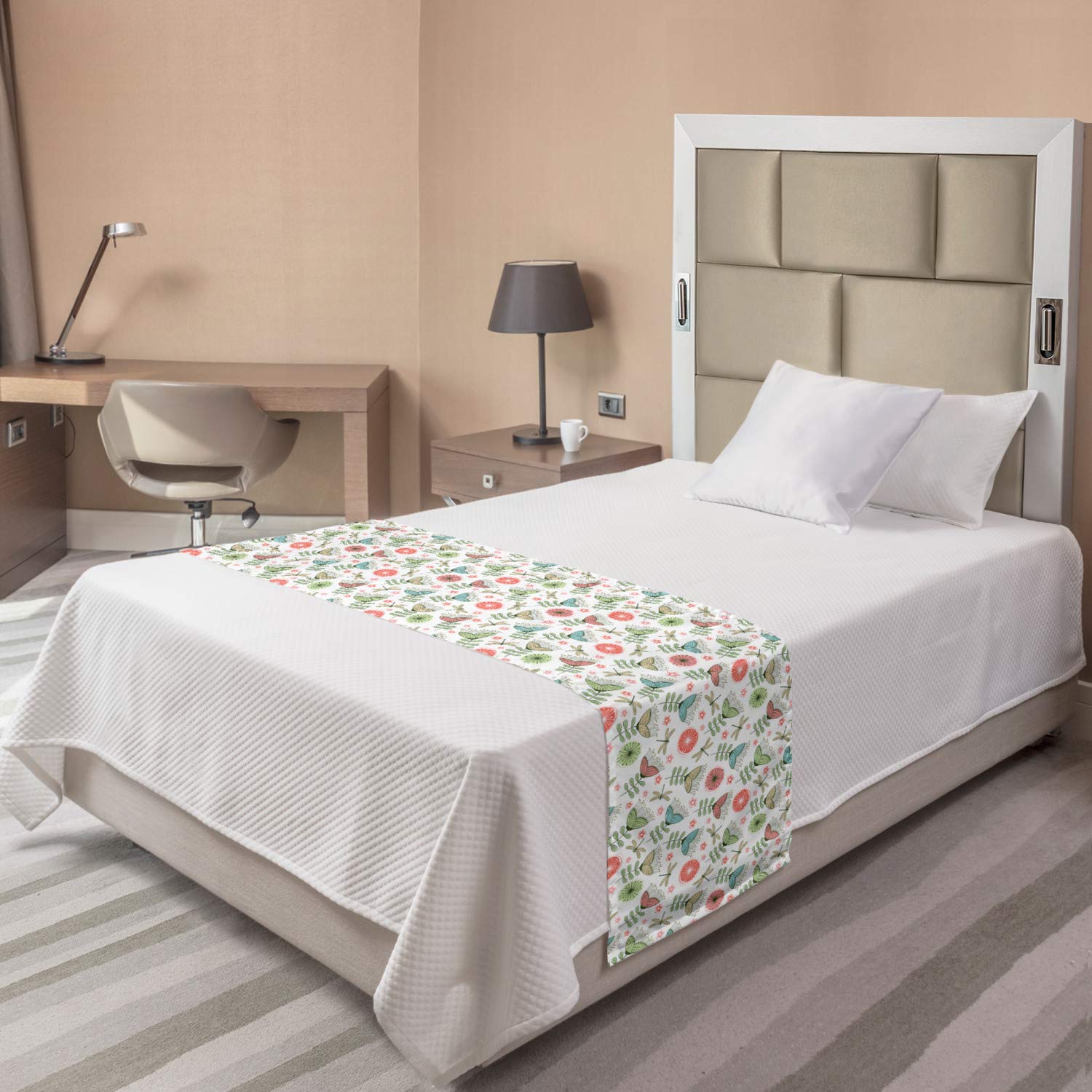 Ambesonne Floral Bed Runner - Hand-Drawn Doodle Art with Flowers, Petals & Dragonflies | Decorative Accent Bedding Scarf for Hotels, Homes & Guest Rooms | Perfect for Spring Decor, Wedding Bedding & Boho Chic Styling