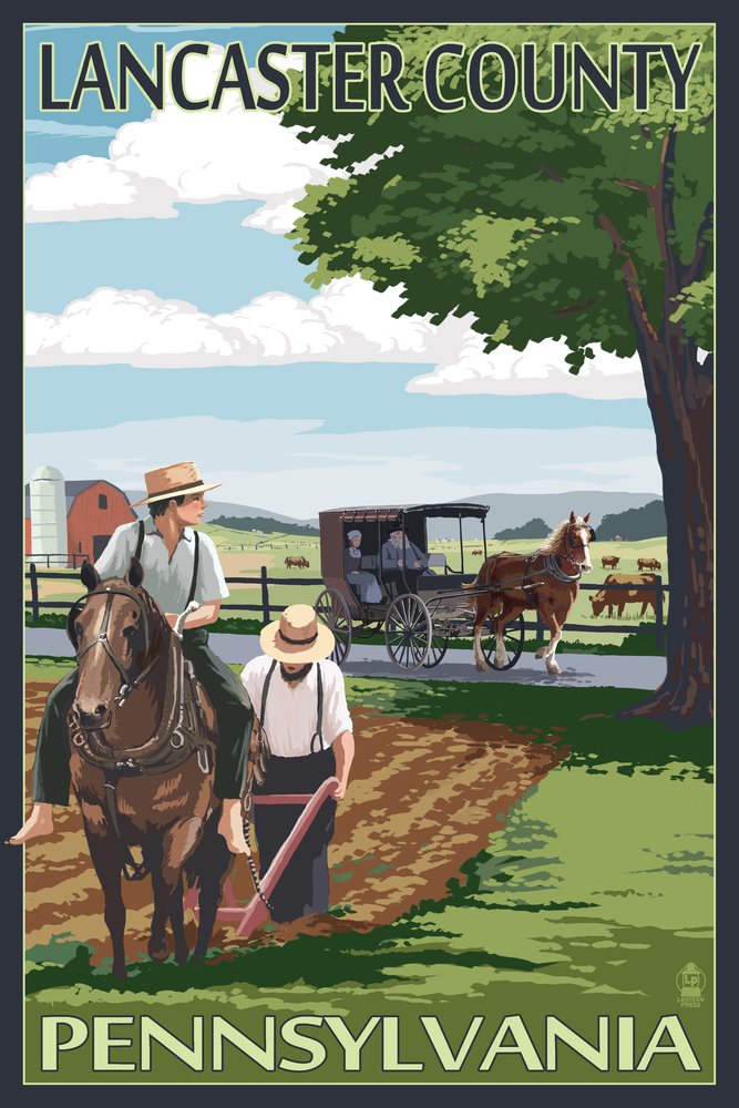 Amish Farm Scene Lancaster County Pennsylvania - Signed 24x36 Art Print Poster, Wall Decor for Living Room & Office - Vintage Countryside Landscape Painting
