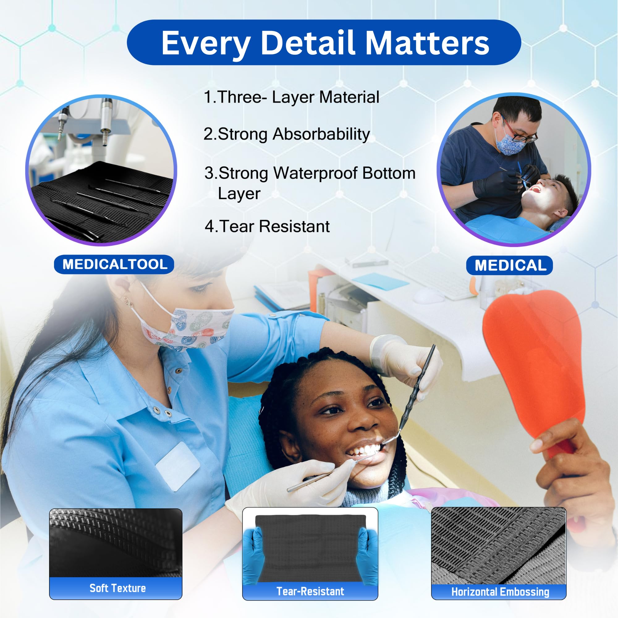 Disposable Dental Bibs 13x18 Inch - 3 Ply Waterproof Dental Patient Bibs for Dentist, Tattoo, Nail & Eyelash Services - Dental Supplies, Tattoo Cover, Esthetician Tray & Table Protector - Ideal for Clinics, Salons & Spas